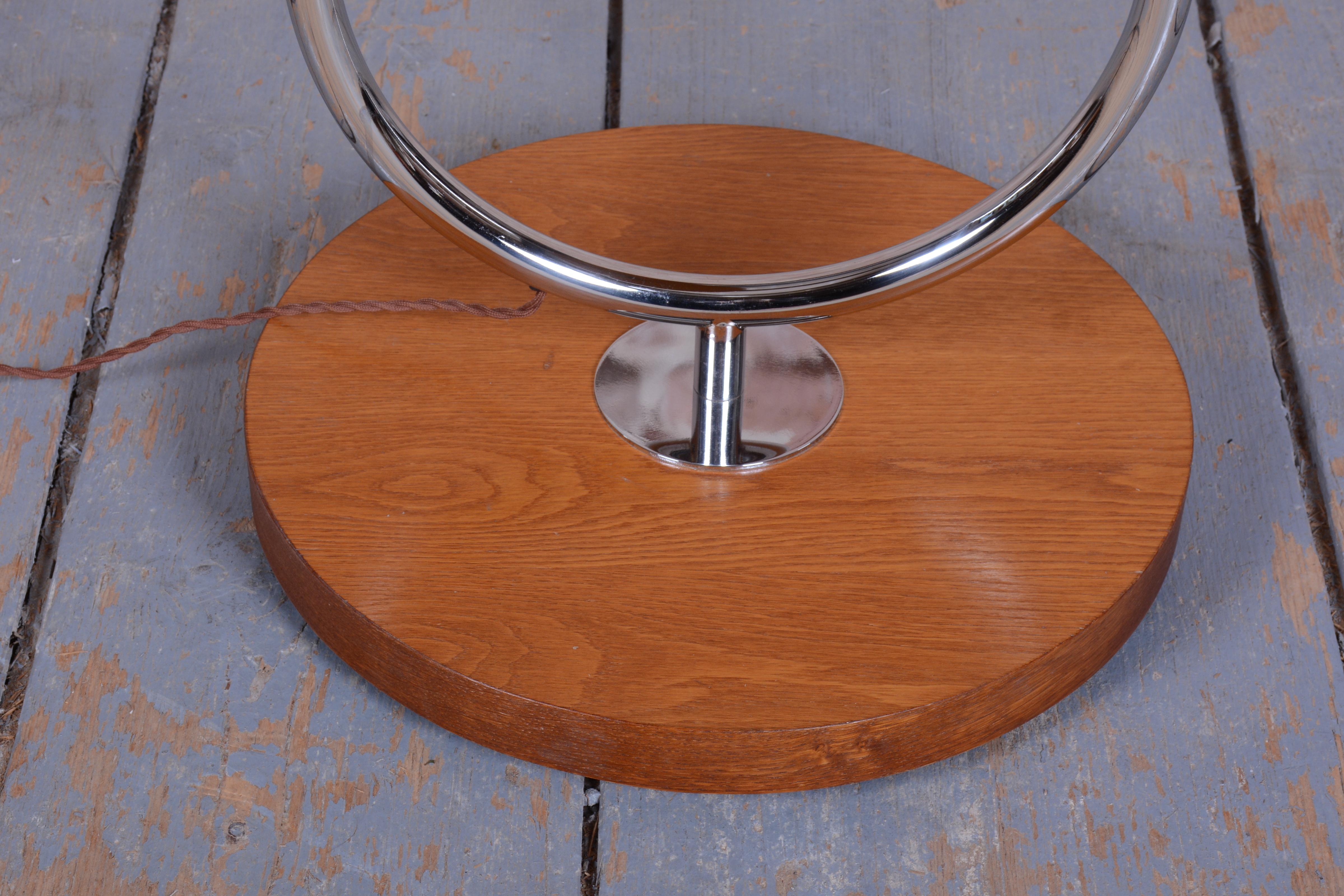 Restored Bauhaus Floor Lamp, by Robert Slezak, Oak, Chrome, Glass, Czech, 1930s For Sale 4