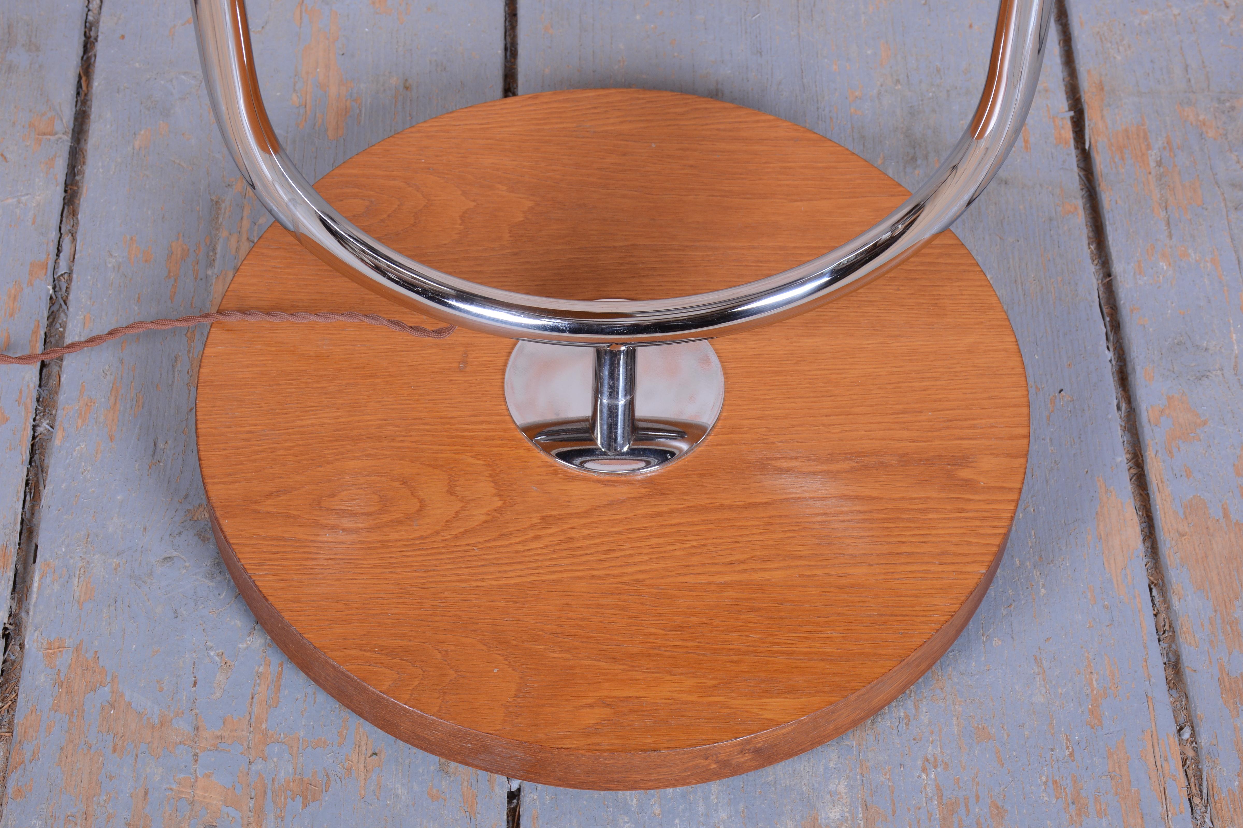 Restored Bauhaus Floor Lamp, by Robert Slezak, Oak, Chrome, Glass, Czech, 1930s For Sale 5