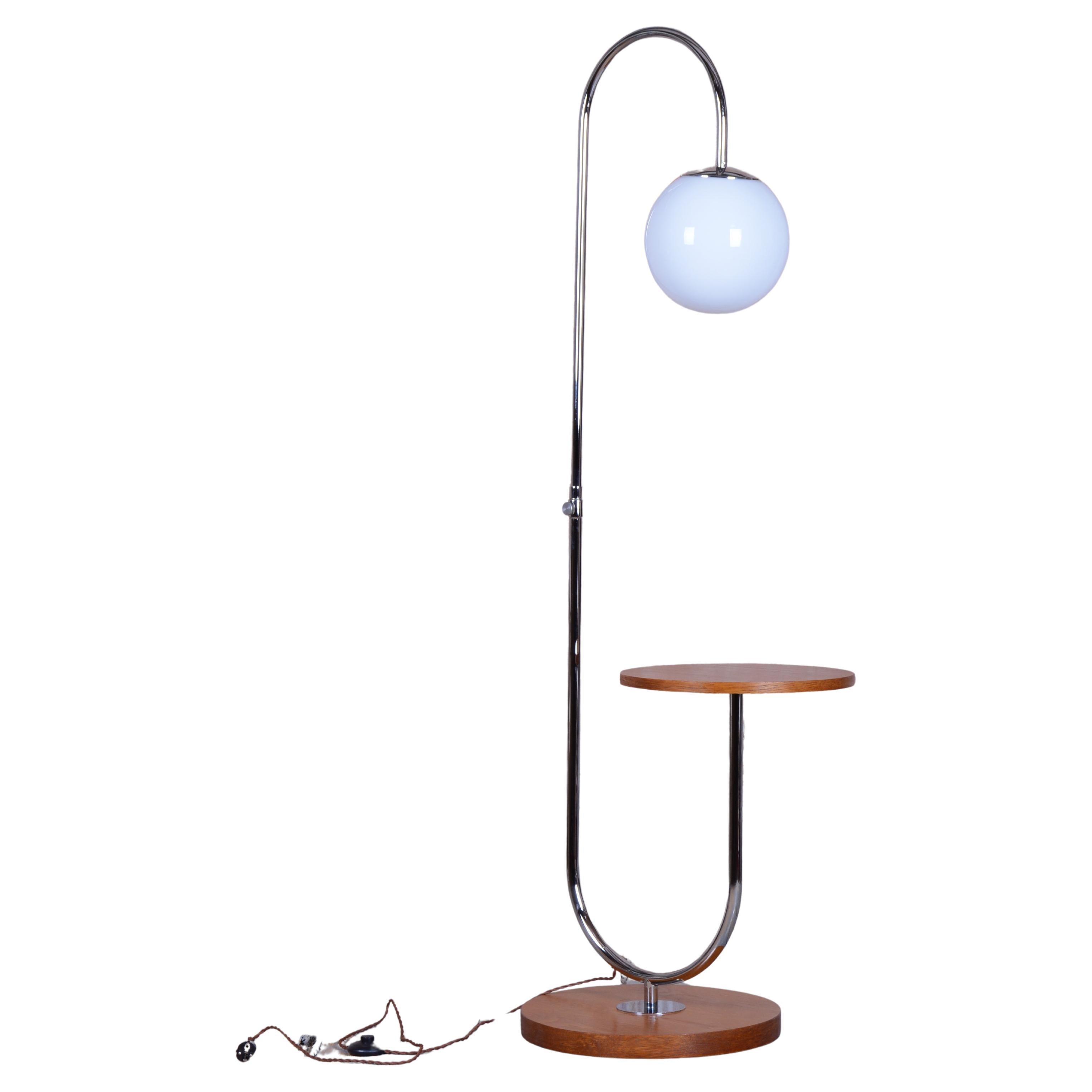 Restored Bauhaus Floor Lamp, by Robert Slezak, Oak, Chrome, Glass, Czech, 1930s For Sale