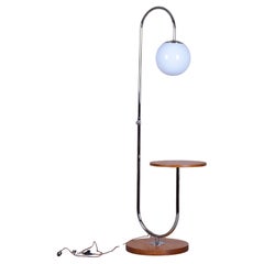 Restored Bauhaus Floor Lamp, by Robert Slezak, Oak, Chrome, Glass, Czech, 1930s