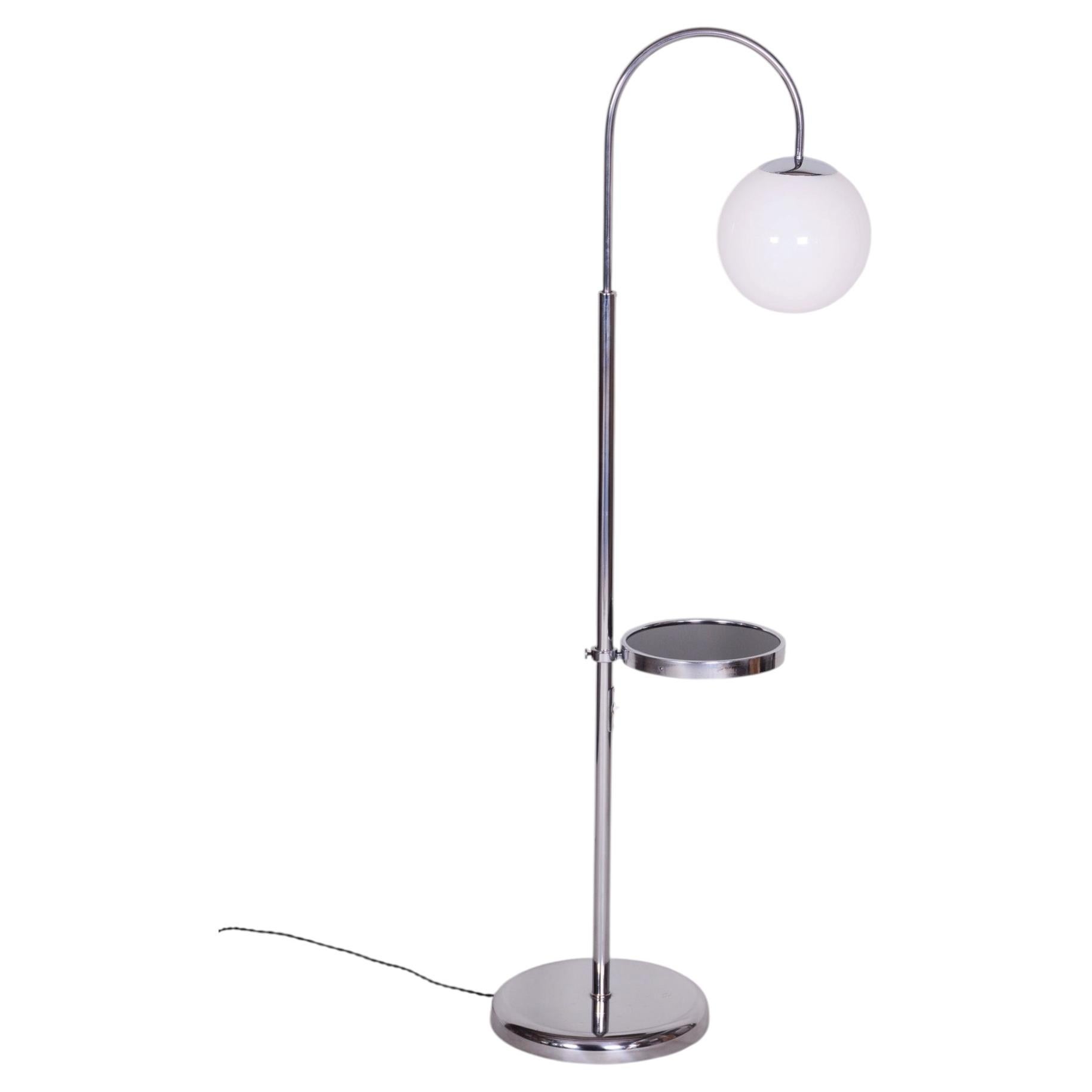 Restored Bauhaus Floor Lamp, Chrome, Steel, Opaline Glass, Czech, 1930s