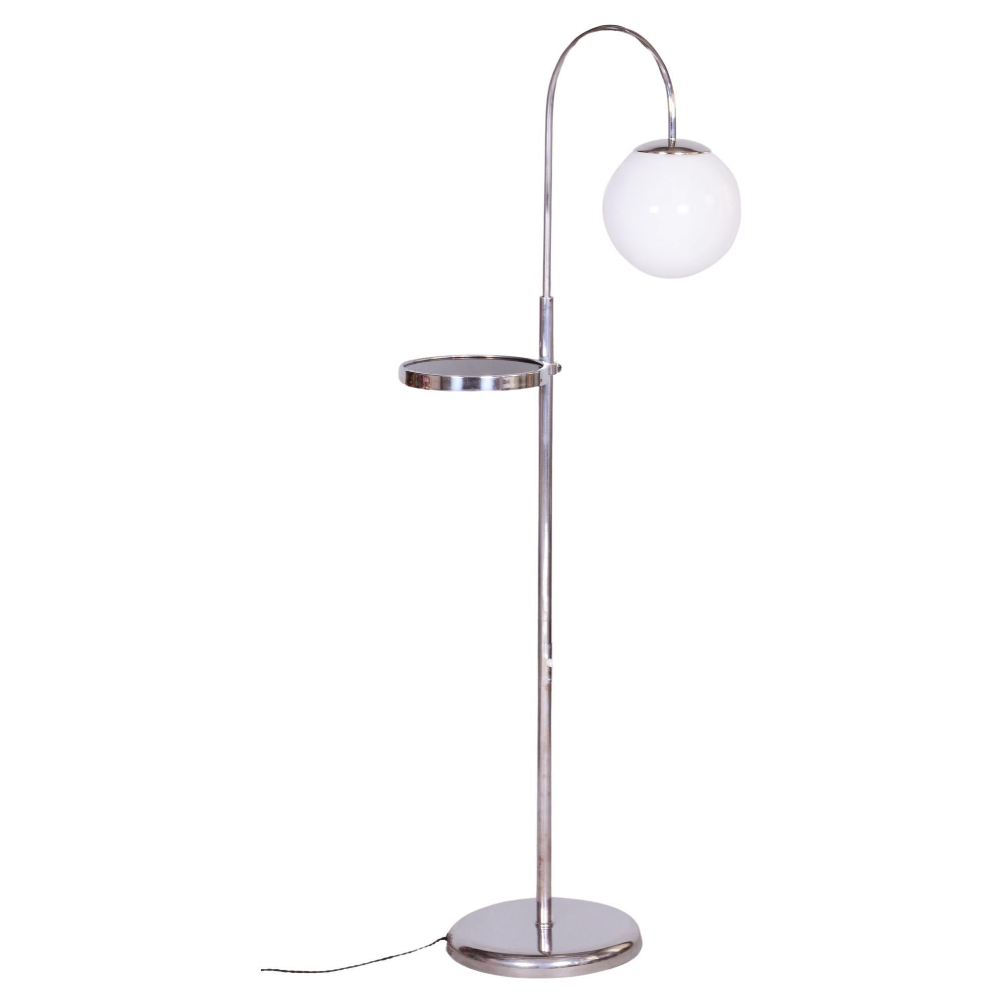Restored Bauhaus Floor Lamp, Steel, Milk Glass, Adjustable Height, Czech, 1930s For Sale