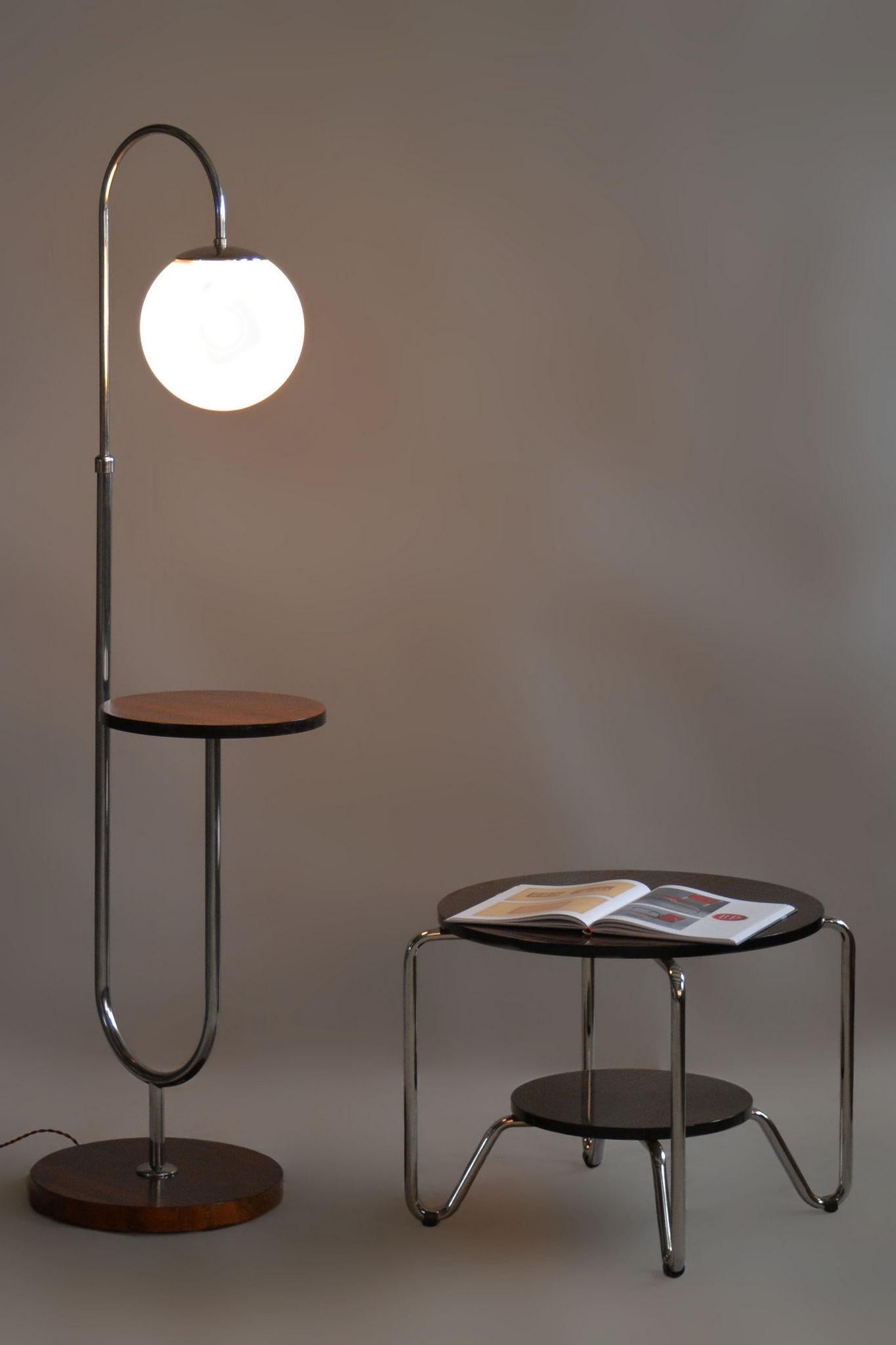 Restored Bauhaus Floor Lamp, Walnut, Chrome, Opal Glass, Czechia, 1930s In Good Condition For Sale In Horomerice, CZ