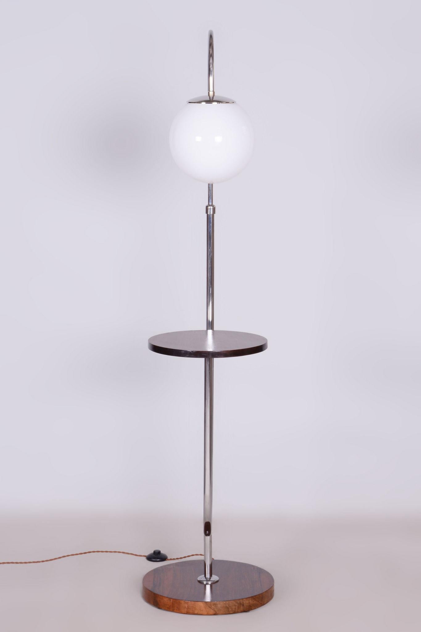 Mid-20th Century Restored Bauhaus Floor Lamp, Walnut, Chrome, Opal Glass, Czechia, 1930s For Sale