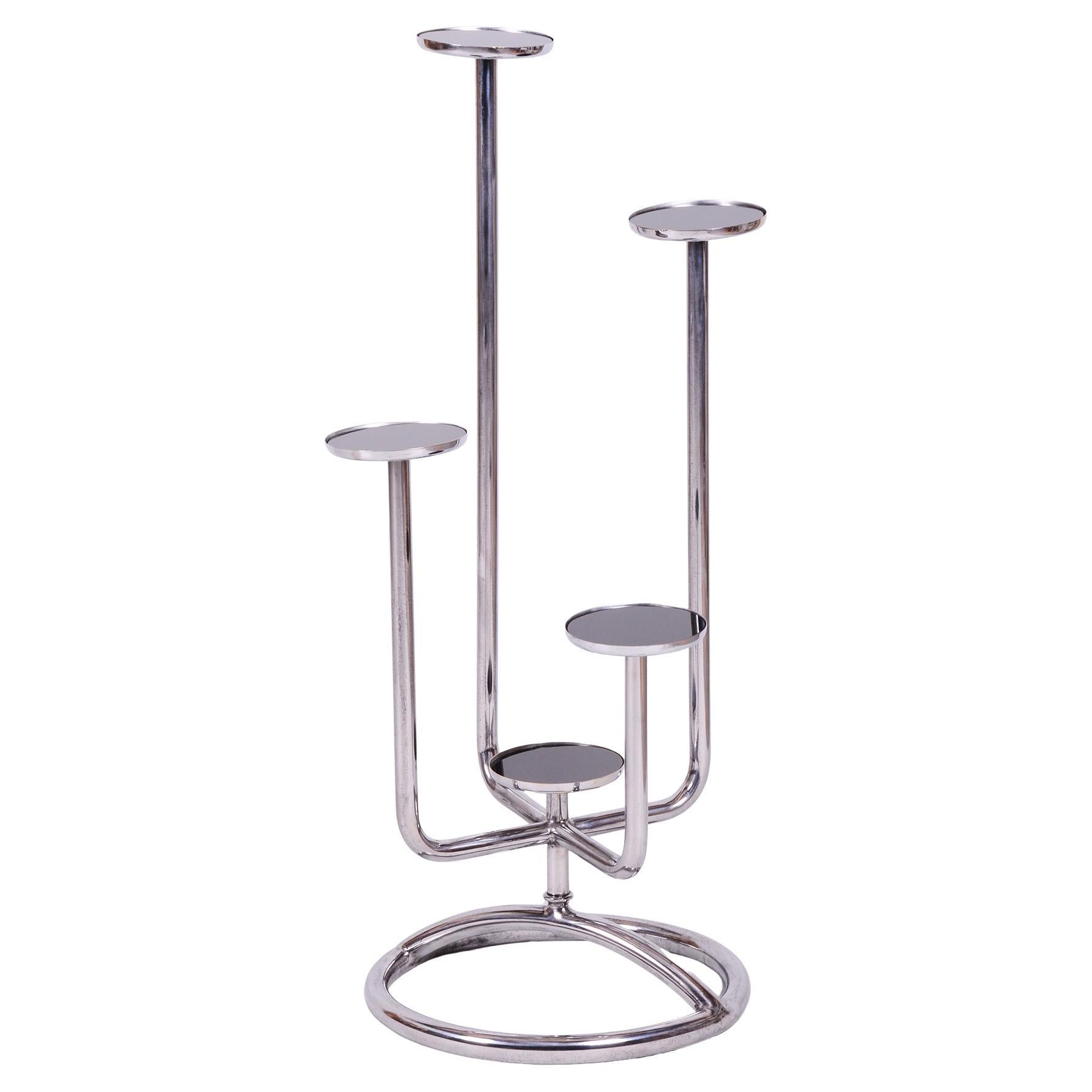 Restored Bauhaus Flower Stand, by Vichr a spol., Chrome, Glass, Czech, 1930s For Sale