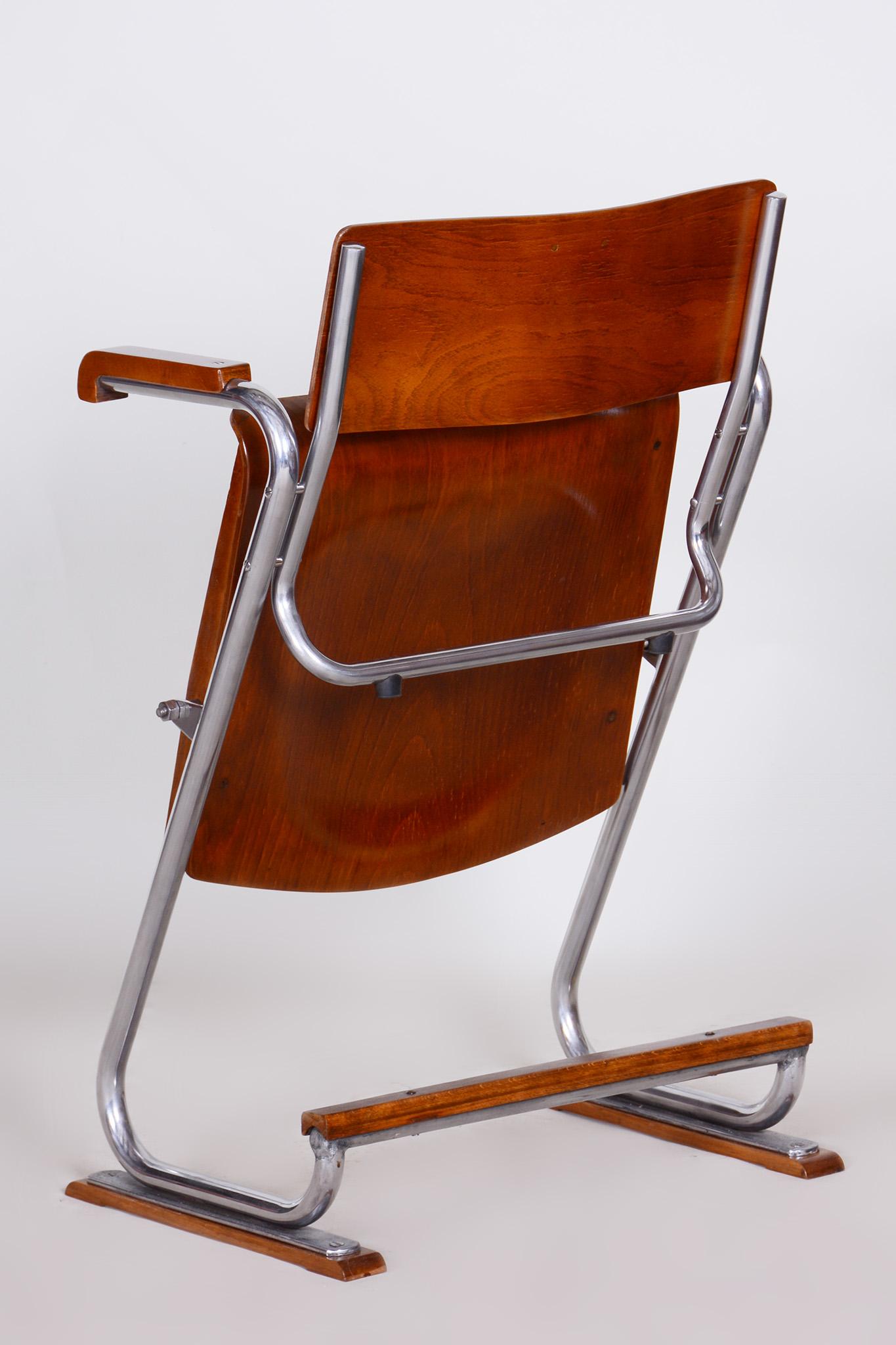 Chrome Restored Bauhaus Folding Chair, Beech Plywood, Revived Polish, Czechia, 1930s For Sale