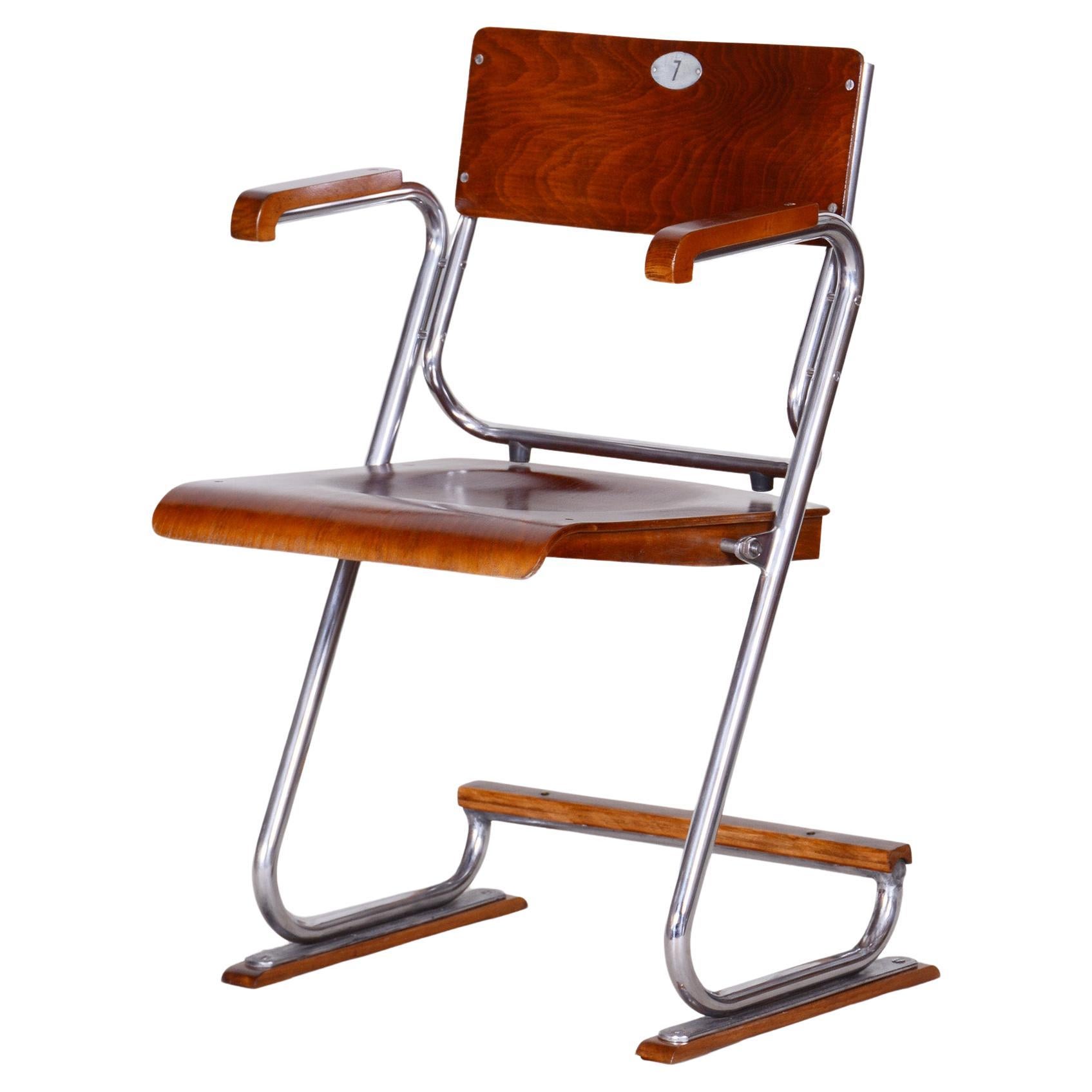 Restored Bauhaus Folding Chair, Beech Plywood, Revived Polish, Czechia, 1930s For Sale