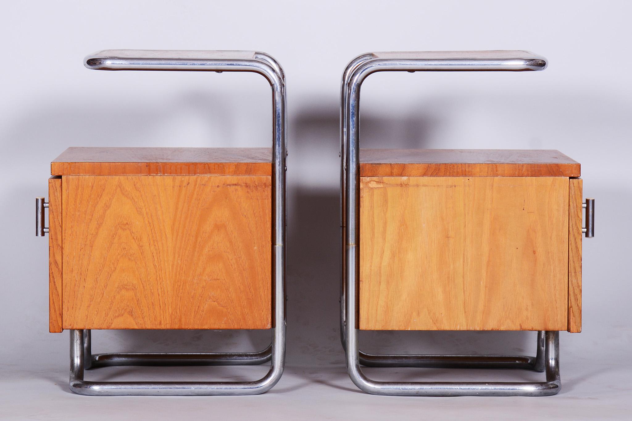 Steel Restored Bauhaus Oak Bed-Side Tables, Mucke-Melder, Czechia, 1930s For Sale