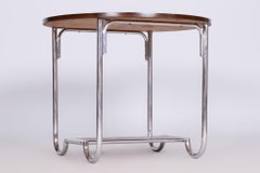 Restored Bauhaus Oak Small Round Table, Chrome-Plated Steel, Czechia, 1930s