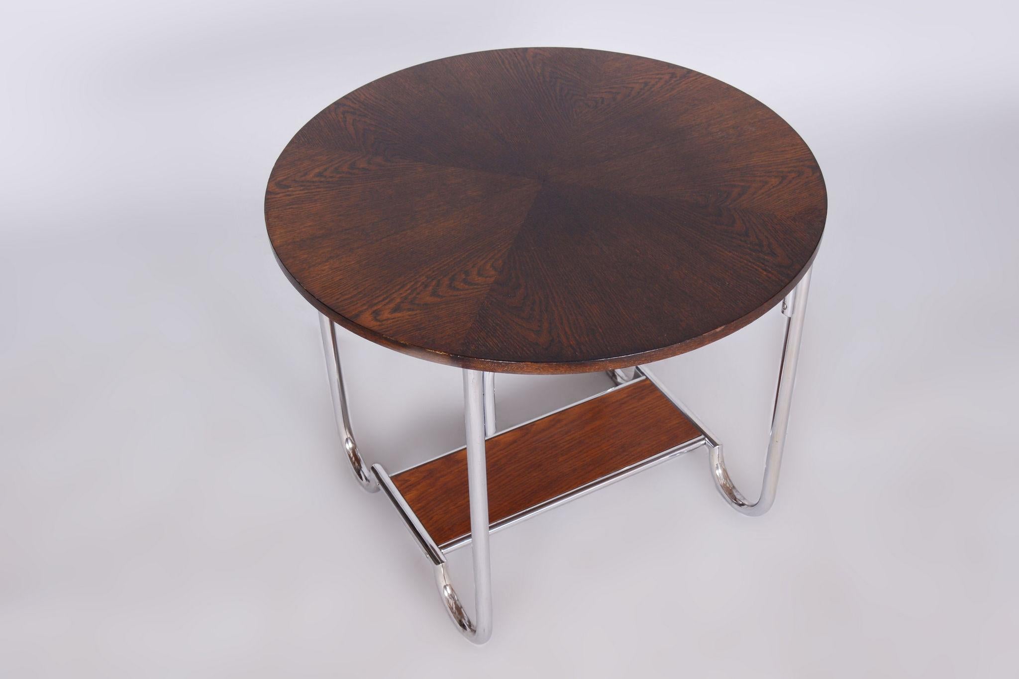 Restored Bauhaus Oak Small Round Table, Chrome-Plated Steel, Czechia, 1930s For Sale 3