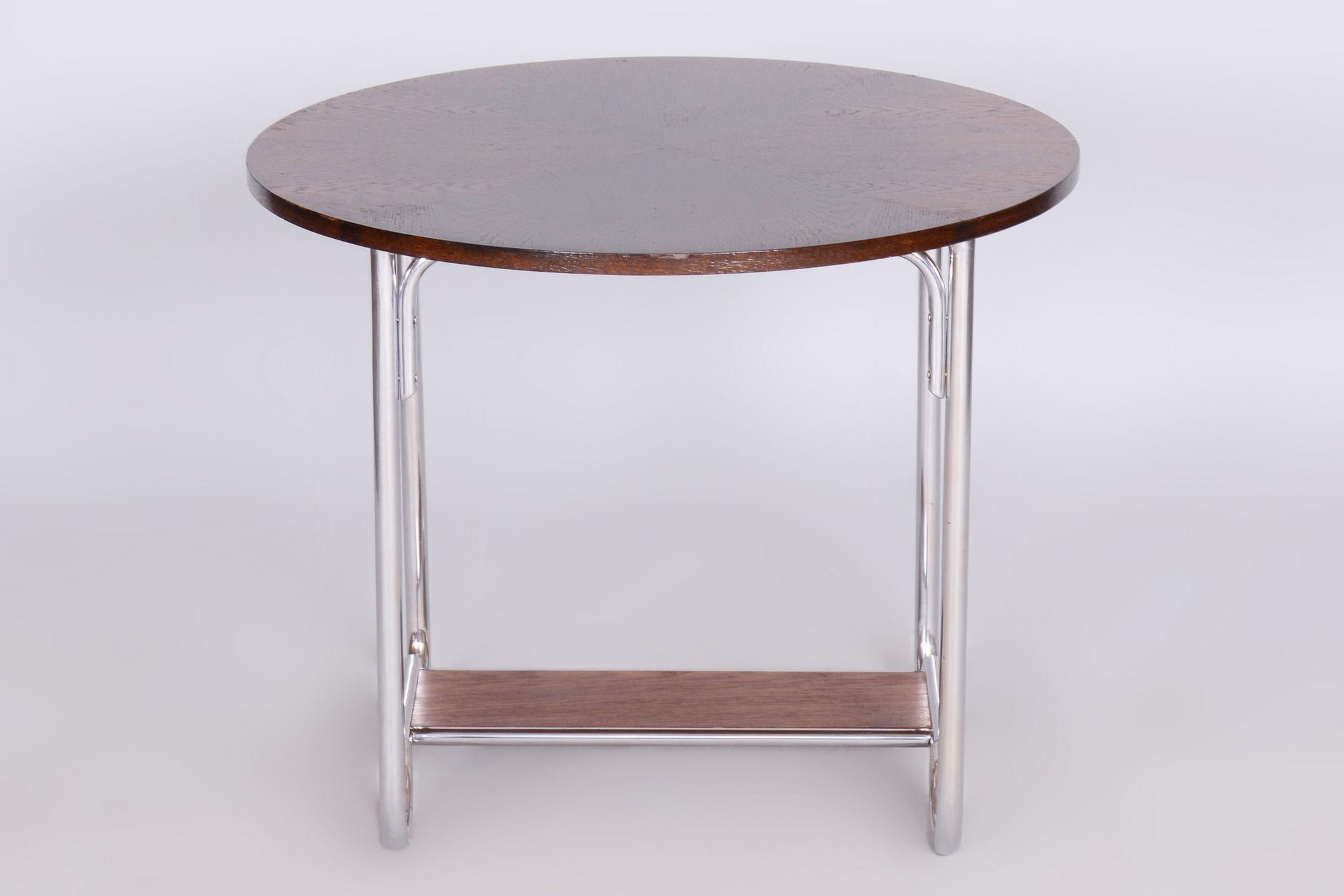Restored Bauhaus Oak Small Round Table, Chrome-Plated Steel, Czechia, 1930s For Sale 4