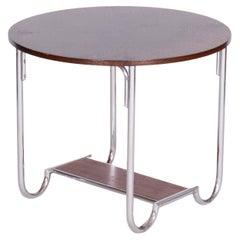 Restored Bauhaus Oak Small Round Table, Chrome-Plated Steel, Czechia, 1930s