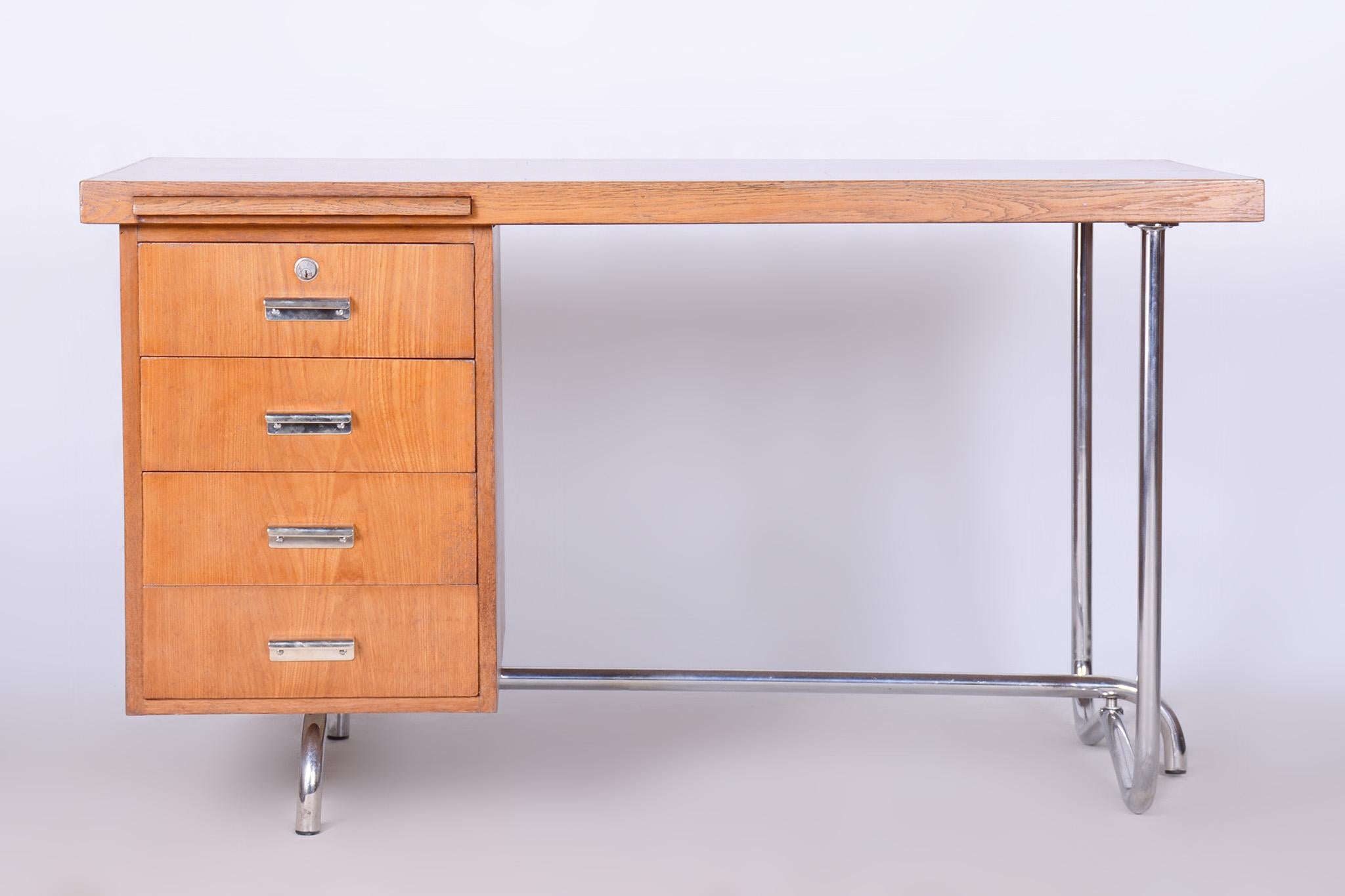 Restored Bauhaus Oak Writing Desk, Hynek Gottwald, Chrome, Czechia, 1930s For Sale 5