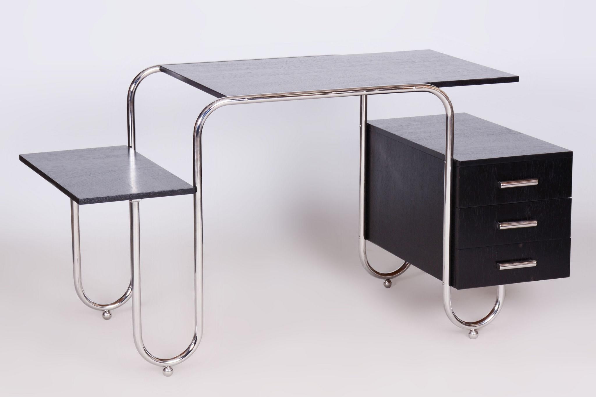 Restored Bauhaus Oak Writing Desk, Robert Slezak, Chrome, Steel, Czechia, 1930s For Sale 6