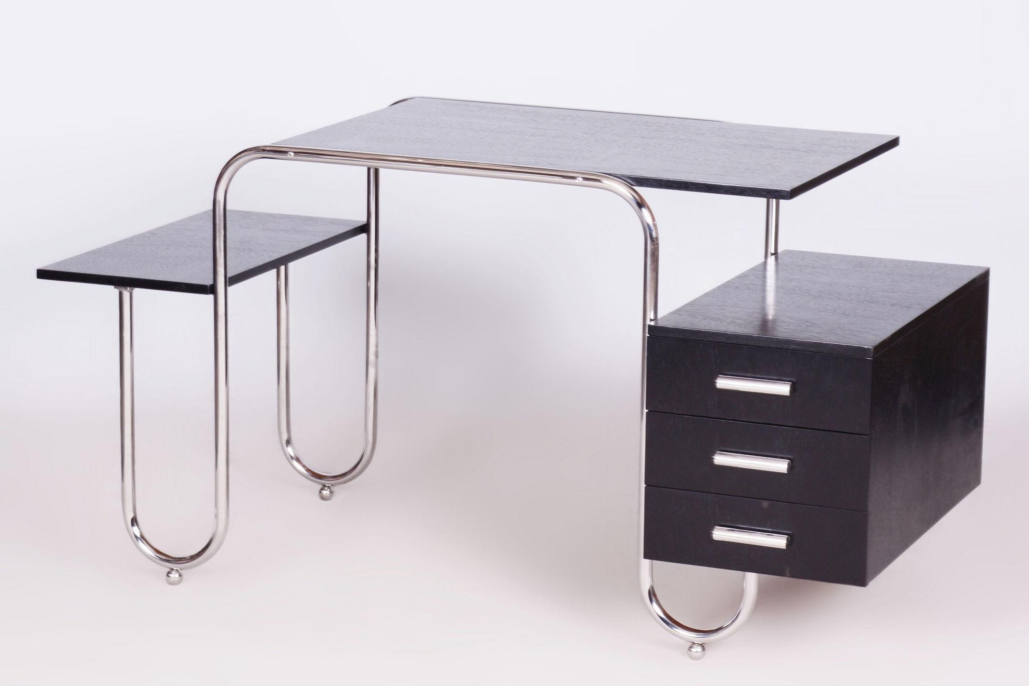 Restored Bauhaus Oak Writing Desk, Robert Slezak, Chrome, Steel, Czechia, 1930s For Sale 11