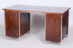 Restored Bauhaus Oak Writing Desk, Vichr a spol., Chrome, Steel, Czechia, 1930s