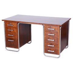 Restored Bauhaus Oak Writing Desk, Vichr a spol., Chrome, Steel, Czechia, 1930s