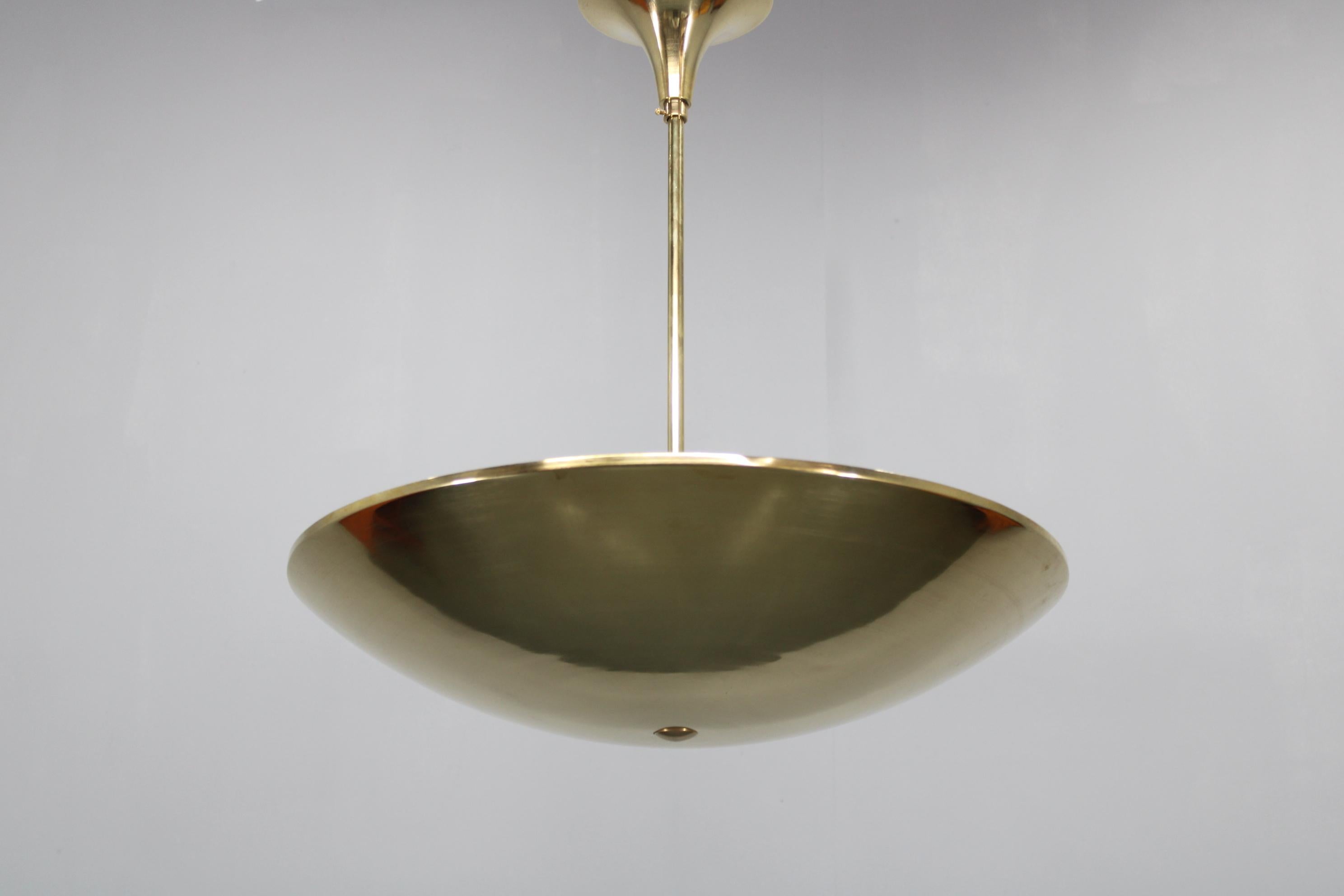 Polished Restored Bauhaus or Art Deco Brass Chandelier, Czechoslovakia, circa 1930s For Sale