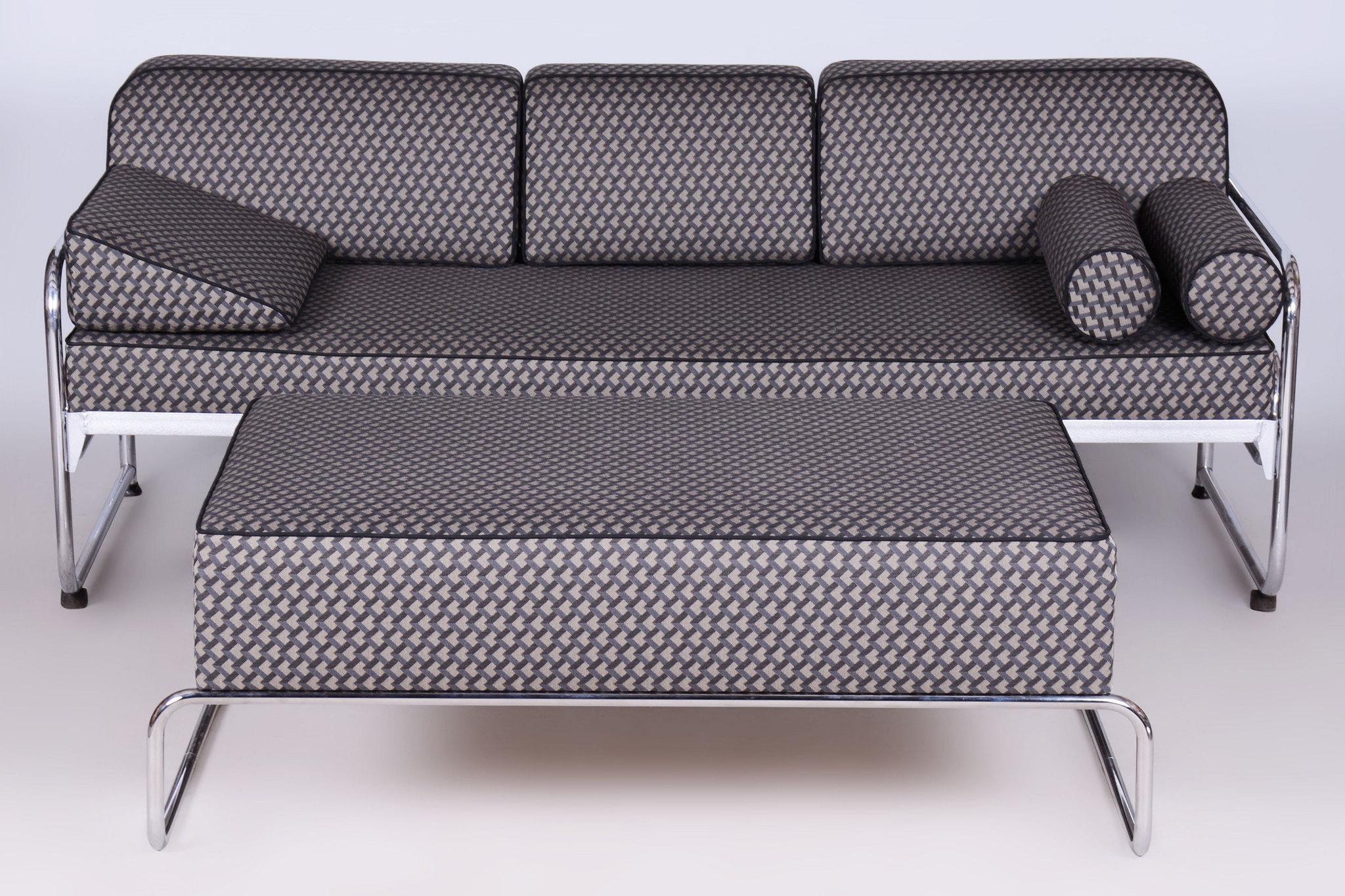 Tavolo ottomano Bauhaus restaurato, cromo, nuova tappezzeria, ceco, anni '30 in vendita 5