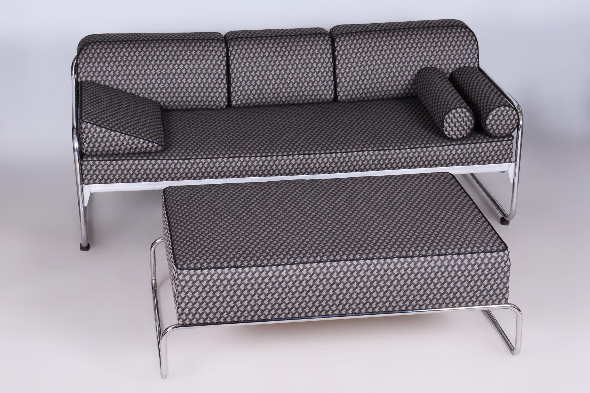Tavolo ottomano Bauhaus restaurato, cromo, nuova tappezzeria, ceco, anni '30 in vendita 6