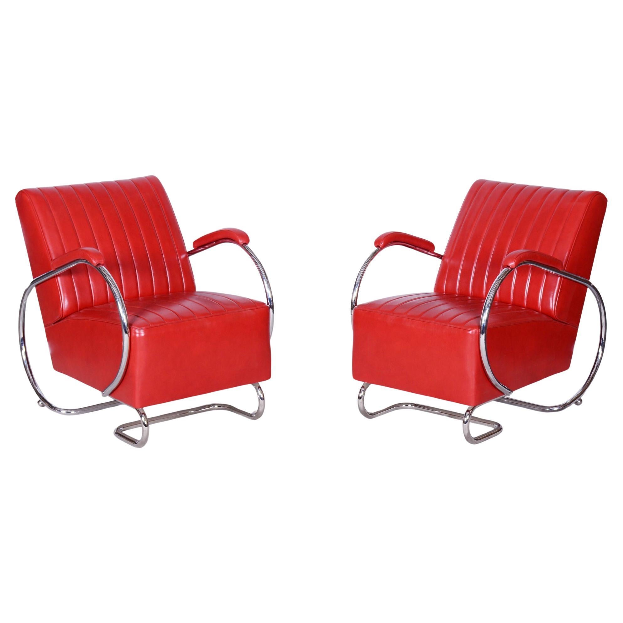 Restored Bauhaus Pair of Armchairs, by Hynek Gottwald, Leather, Czech, 1930s For Sale