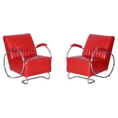 Used Restored Bauhaus Pair of Armchairs, by Hynek Gottwald, Leather, Czech, 1930s