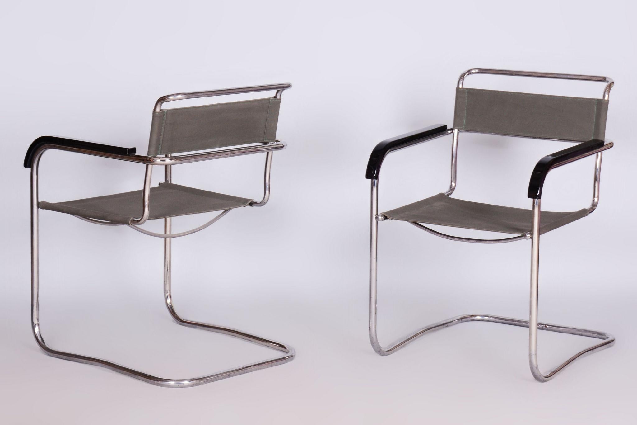Steel Restored Bauhaus Pair of Armchairs, by Thonet, by Marcel Breuer, Czech, 1930s For Sale