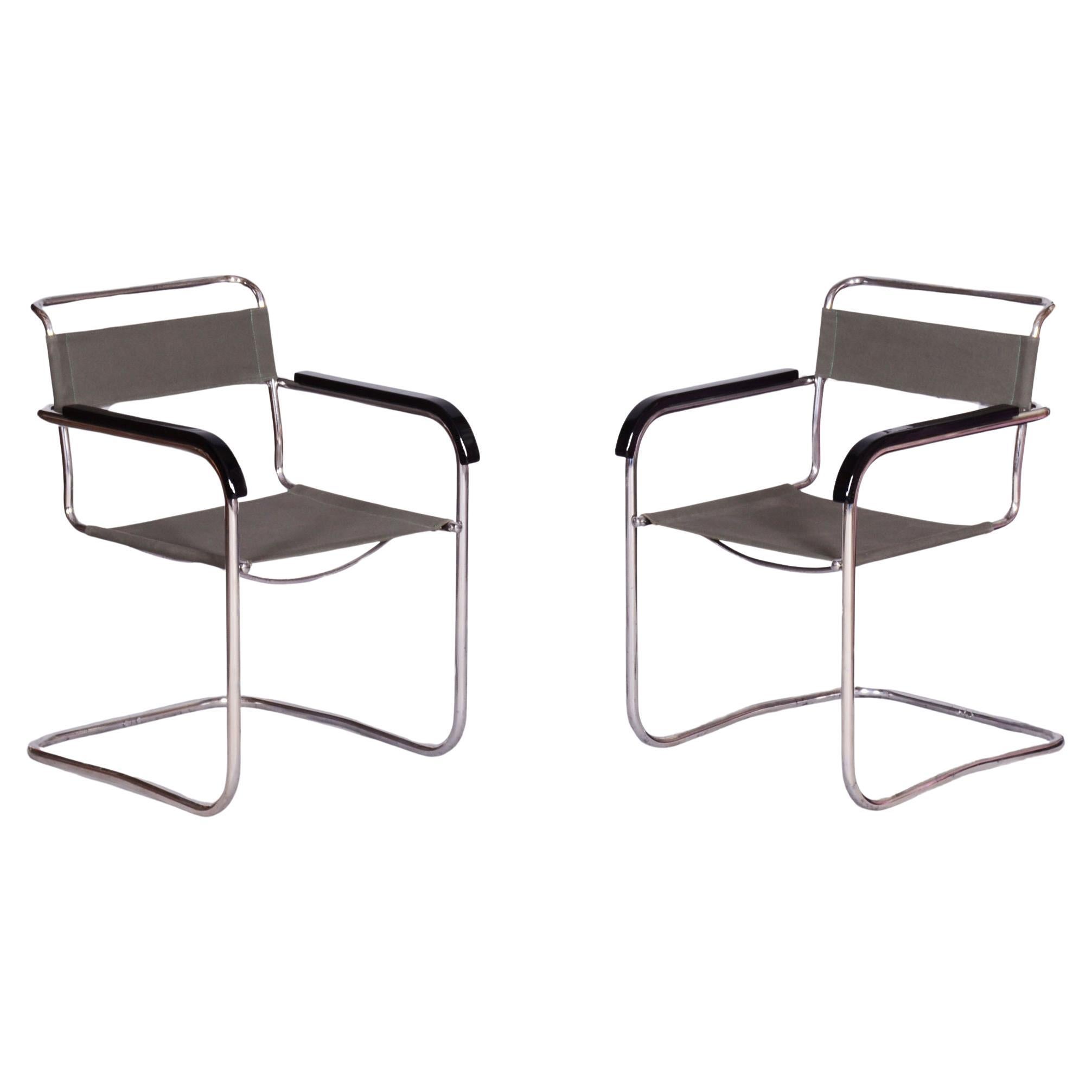 Restored Bauhaus Pair of Armchairs, by Thonet, by Marcel Breuer, Czech, 1930s For Sale