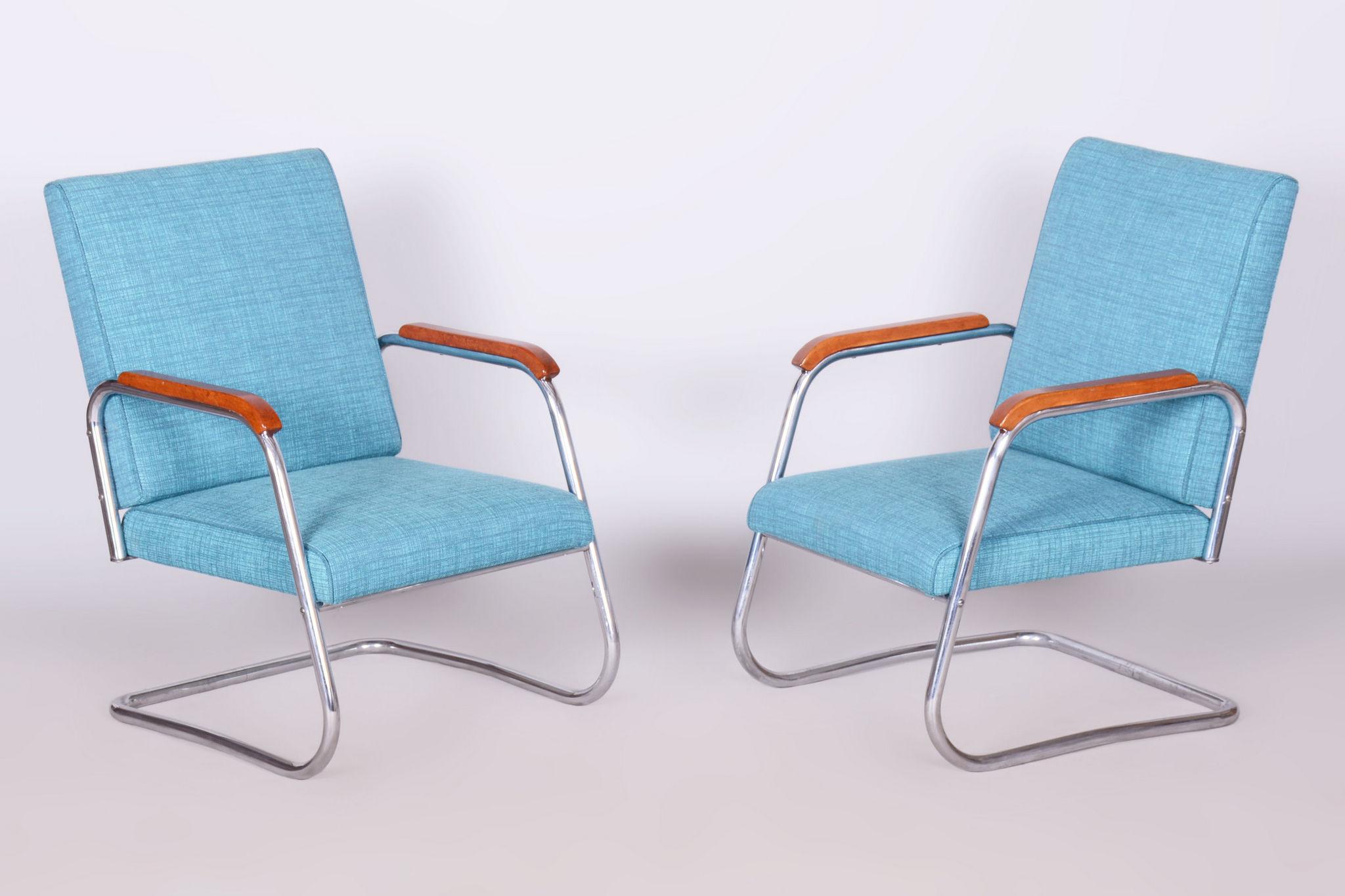 Restored Bauhaus Pair of Armchairs.

Designer: Karel E. Ort
Maker: Hynek Gottwald
Source: Czechia (Czehoslovakia)
Period: 1930-1939
Material: Chrome-plated Steel, Fabric

Newly professionally upholstered according to the original model according to