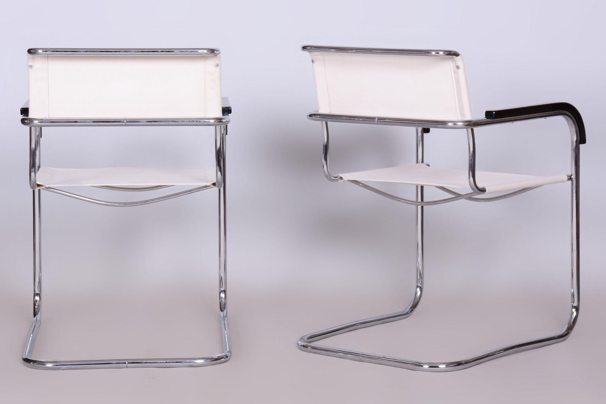 Steel Restored Bauhaus Pair of Armchairs, Thonet, M. Breuer, Chrome, Czechia, 1930s For Sale