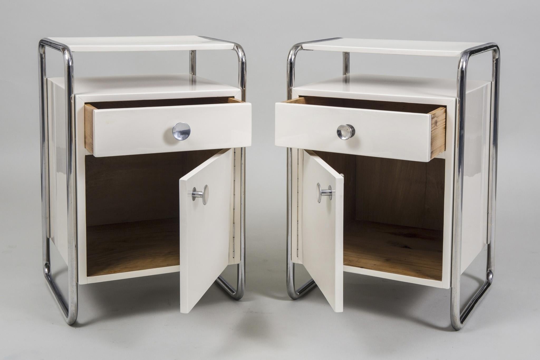 Steel Restored Bauhaus Pair of Bed-Side Tables, by Sab, Chrome, Wood, Czech, 1930s For Sale