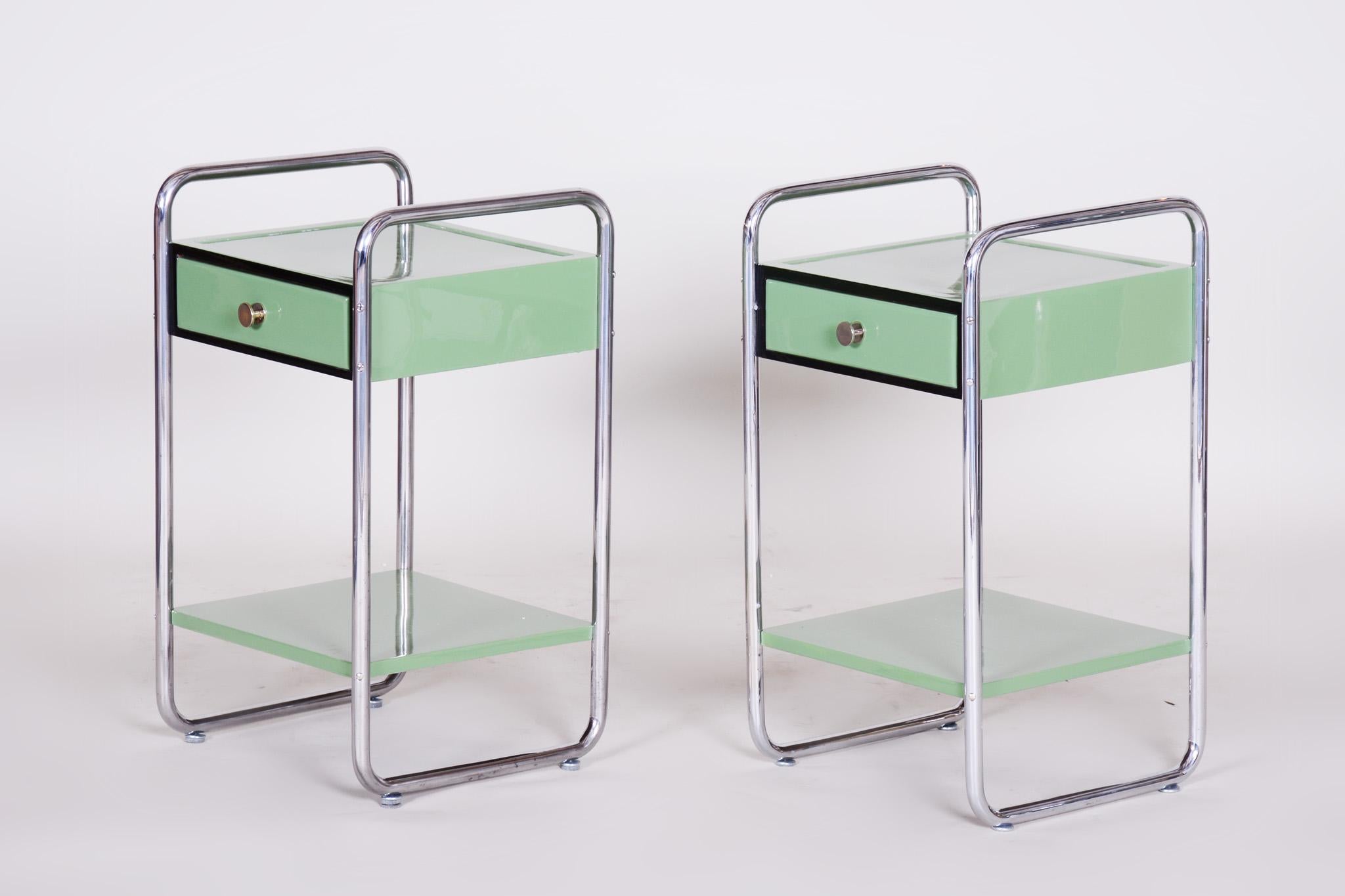 Restored Bauhaus Pair of Bed-Side Tables, Chrome-Plated Steel, Czech, 1930s For Sale 11