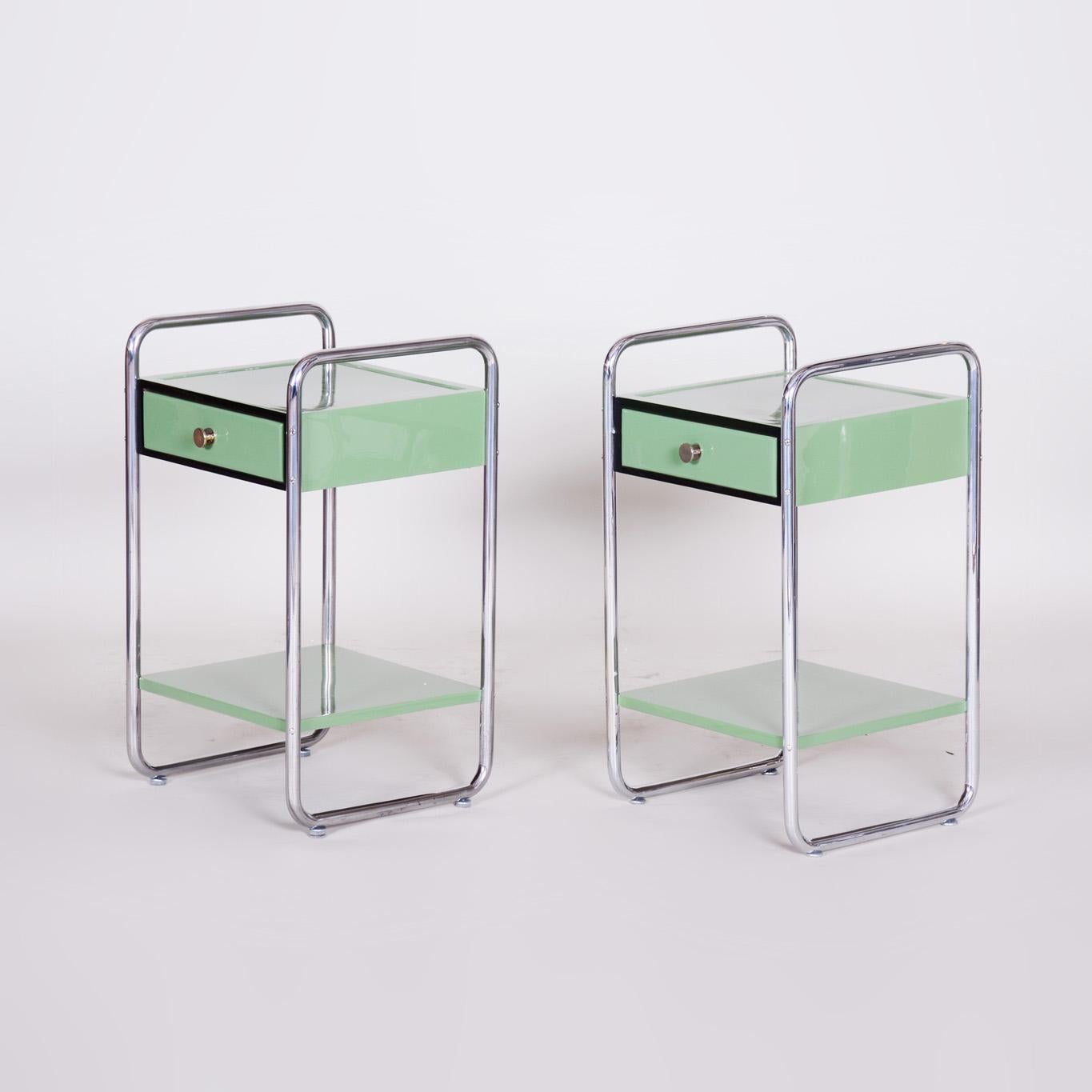 Mid-20th Century Restored Bauhaus Pair of Bed-Side Tables, Chrome-Plated Steel, Czech, 1930s For Sale