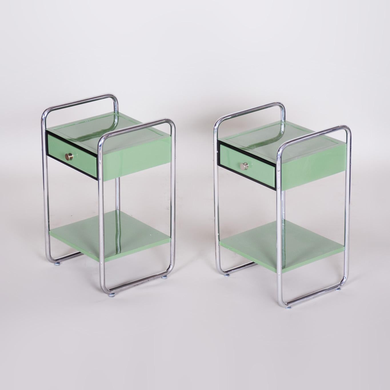 Restored Bauhaus Pair of Bed-Side Tables, Chrome-Plated Steel, Czech, 1930s For Sale 1