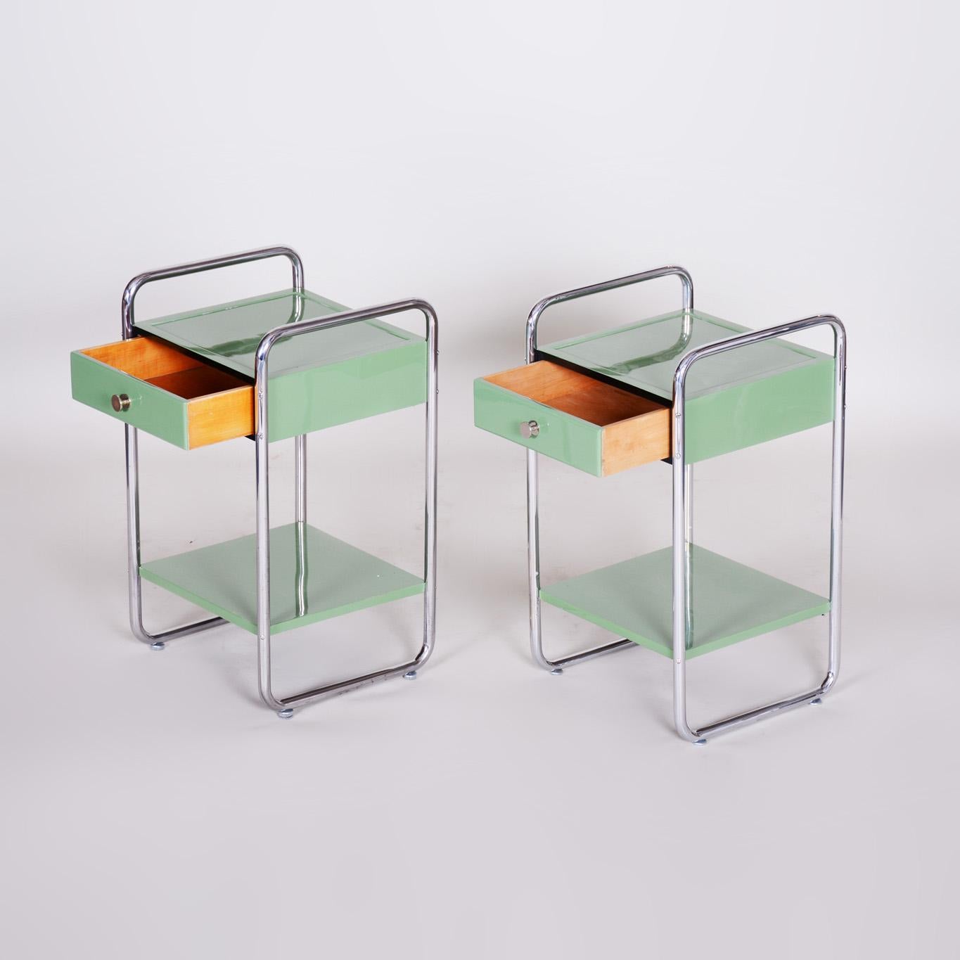 Restored Bauhaus Pair of Bed-Side Tables, Chrome-Plated Steel, Czech, 1930s For Sale 2
