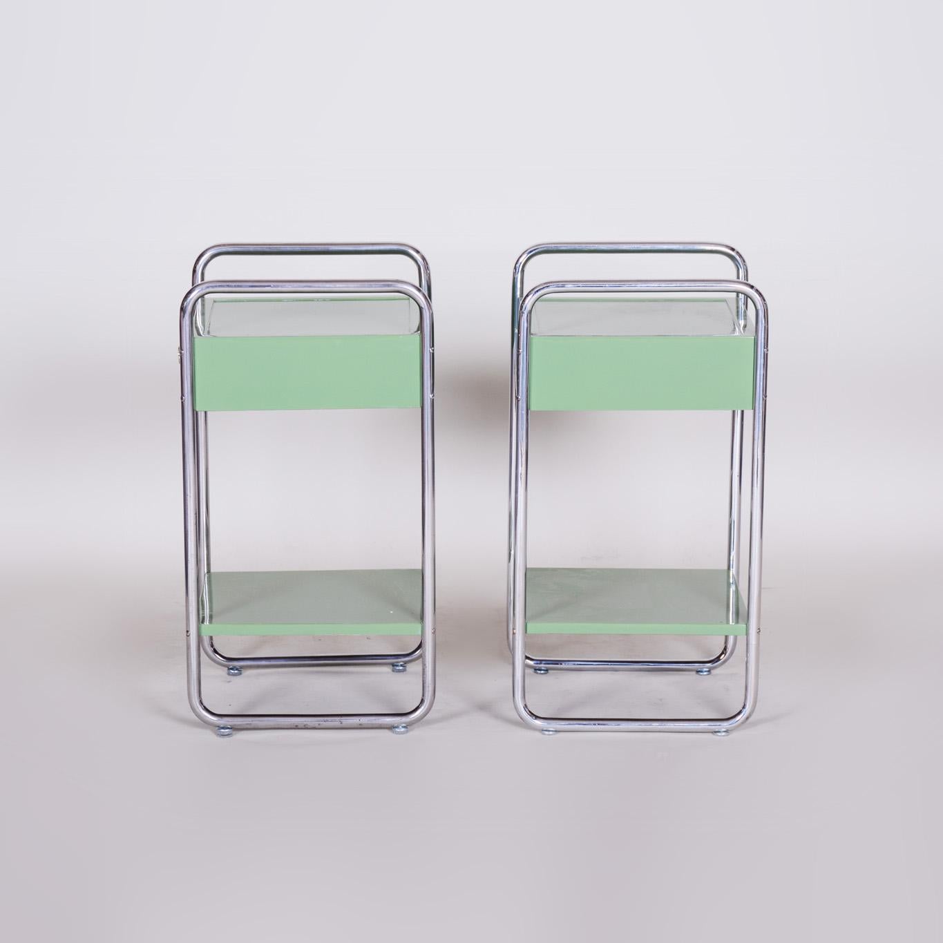 Restored Bauhaus Pair of Bed-Side Tables, Chrome-Plated Steel, Czech, 1930s For Sale 3