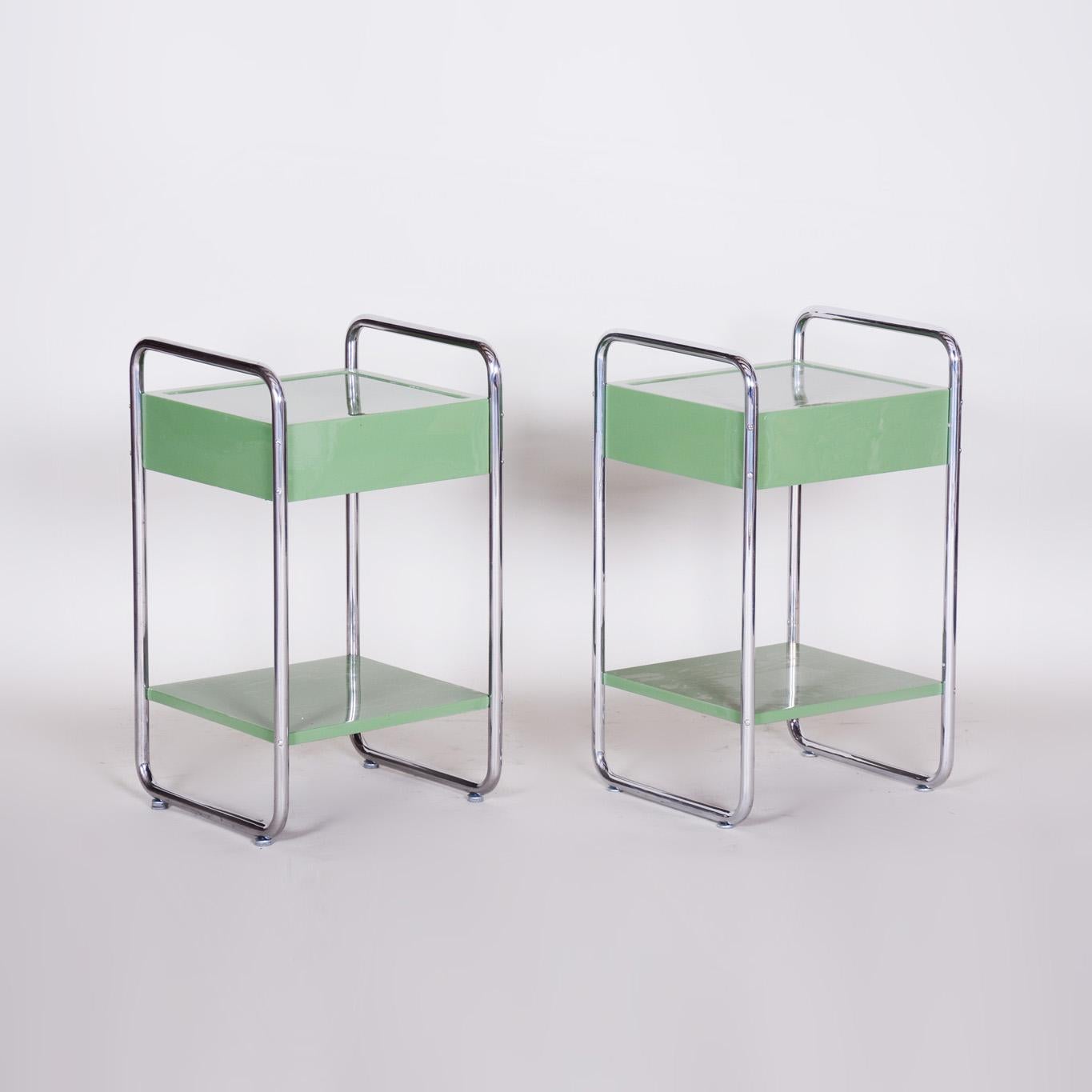 Restored Bauhaus Pair of Bed-Side Tables, Chrome-Plated Steel, Czech, 1930s For Sale 4