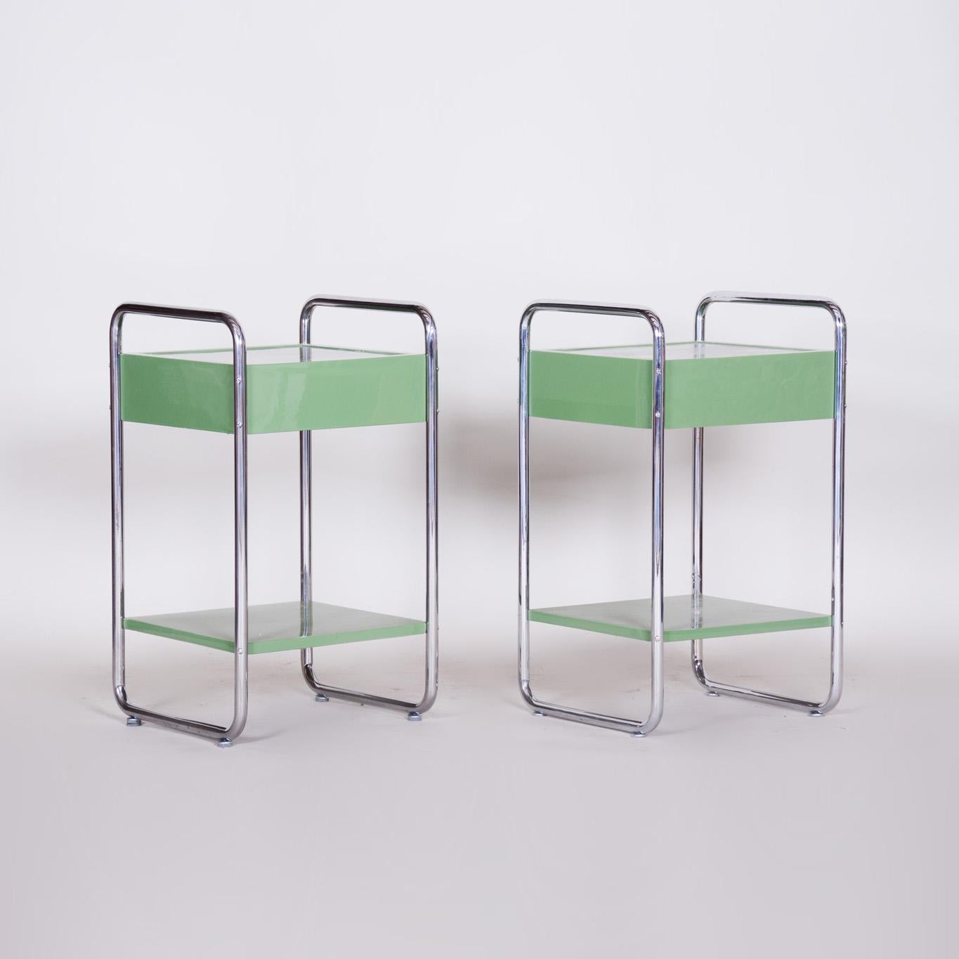 Restored Bauhaus Pair of Bed-Side Tables, Chrome-Plated Steel, Czech, 1930s For Sale 5
