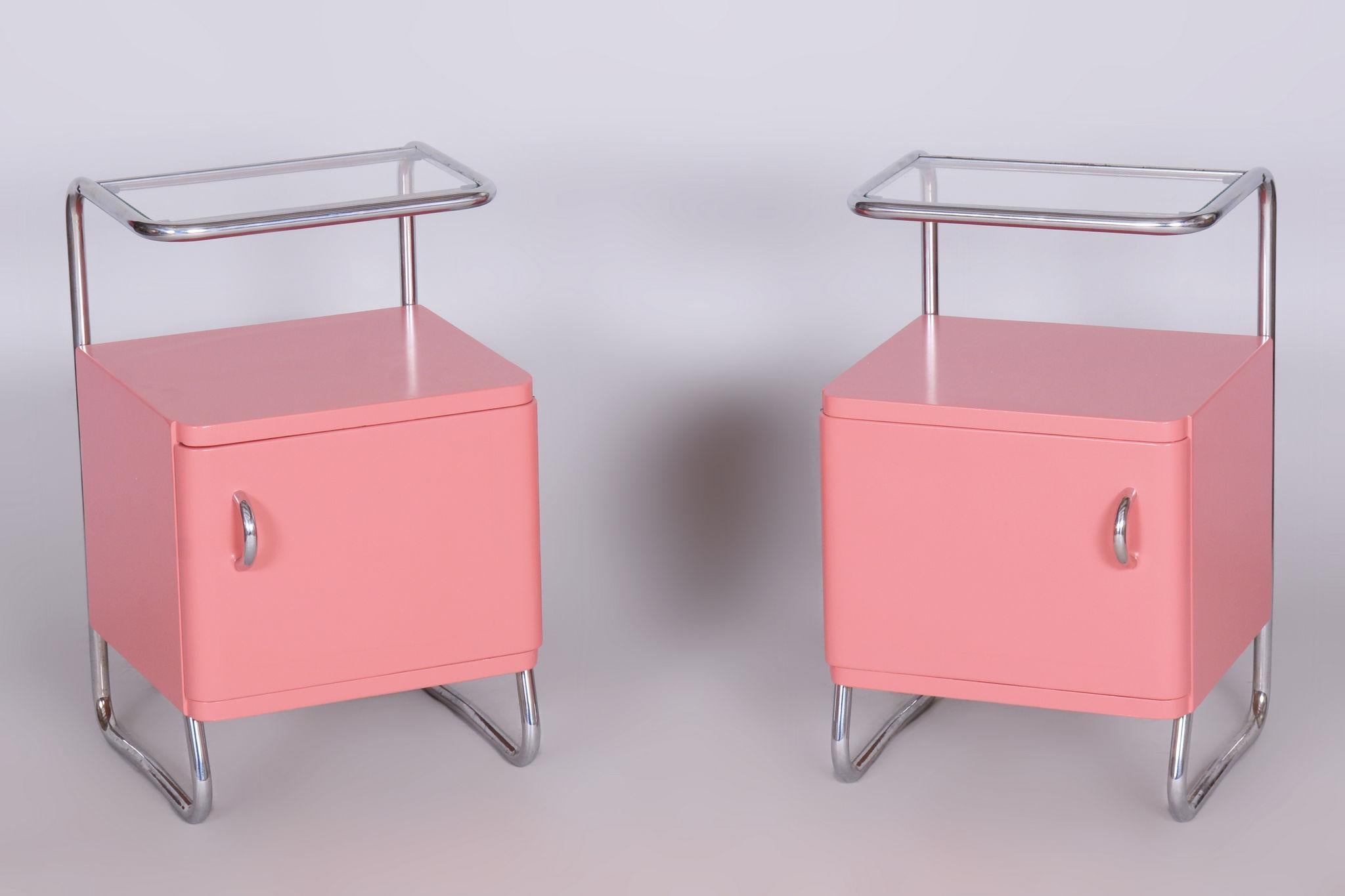 Restored Bauhaus Pair of Bed-Side Tables, Chrome-Plated Steel, Czechia, 1940s For Sale 6