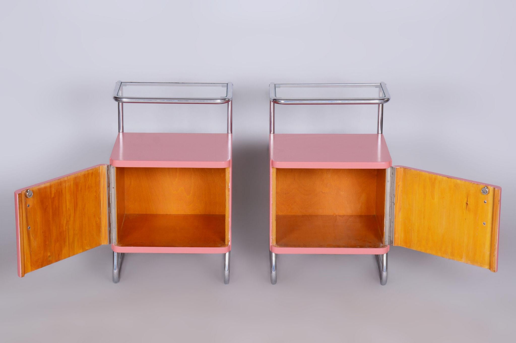 Mid-20th Century Restored Bauhaus Pair of Bed-Side Tables, Chrome-Plated Steel, Czechia, 1940s For Sale