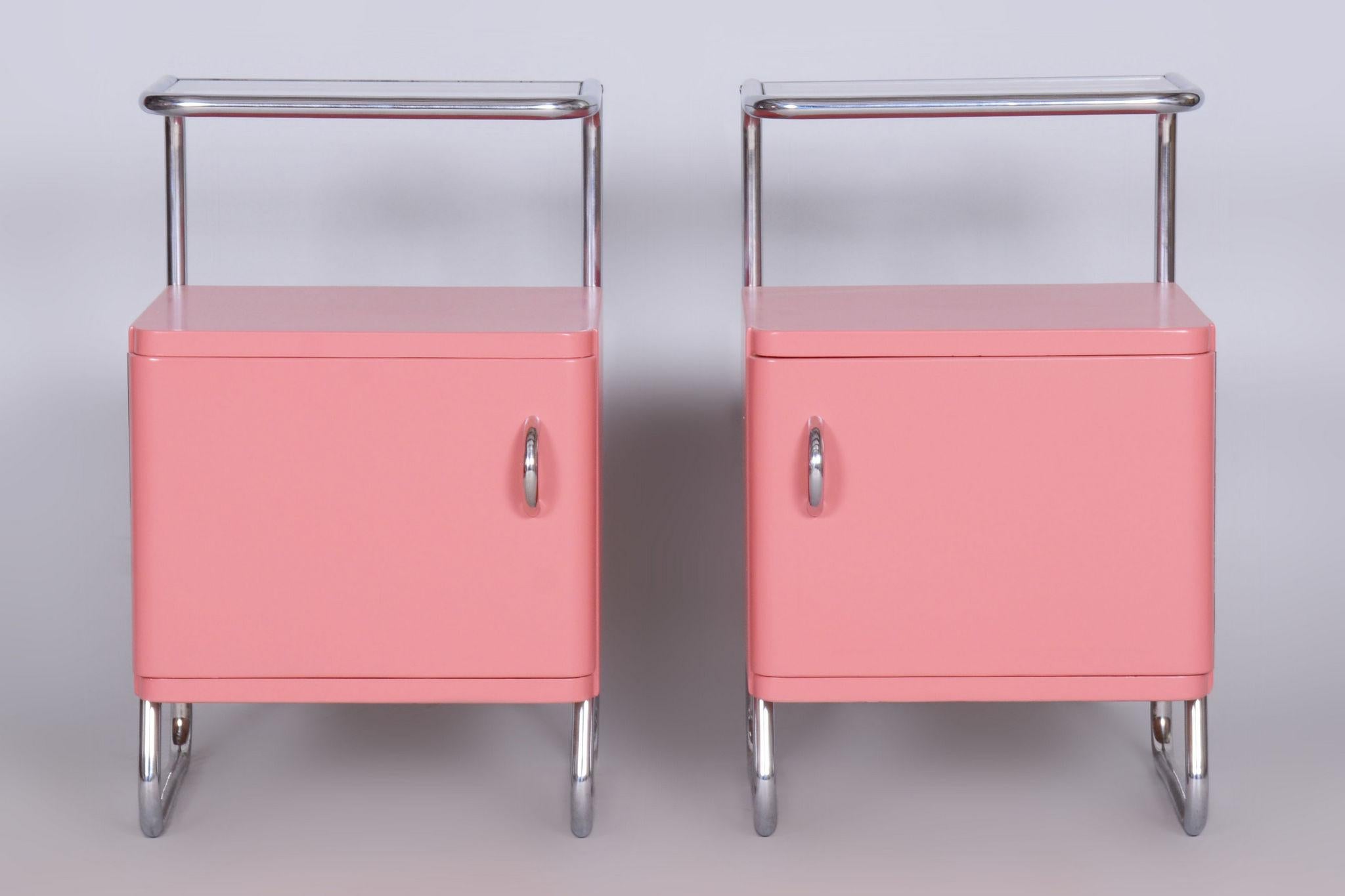 Restored Bauhaus Pair of Bed-Side Tables, Chrome-Plated Steel, Czechia, 1940s For Sale 1