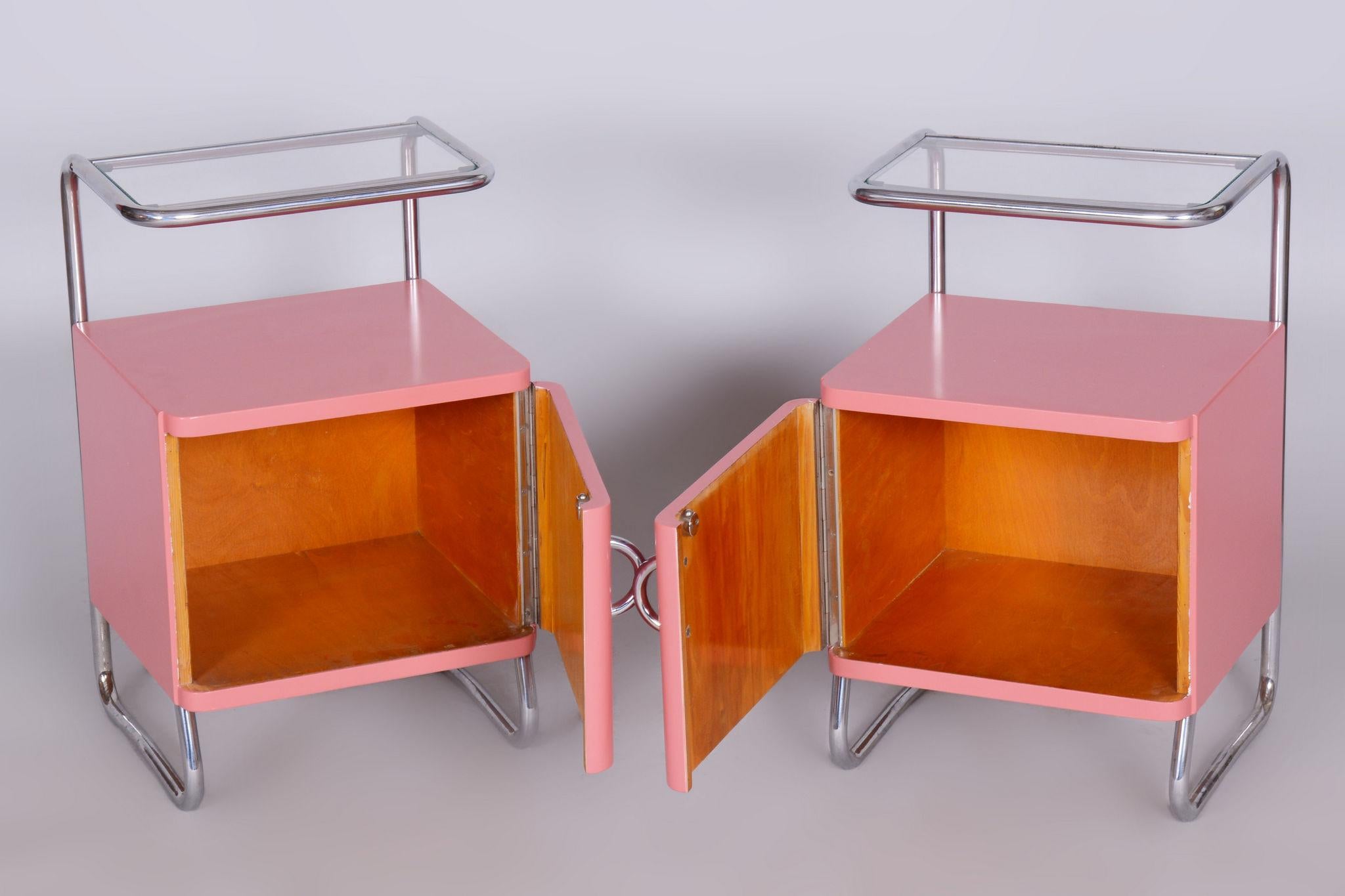 Restored Bauhaus Pair of Bed-Side Tables, Chrome-Plated Steel, Czechia, 1940s For Sale 5