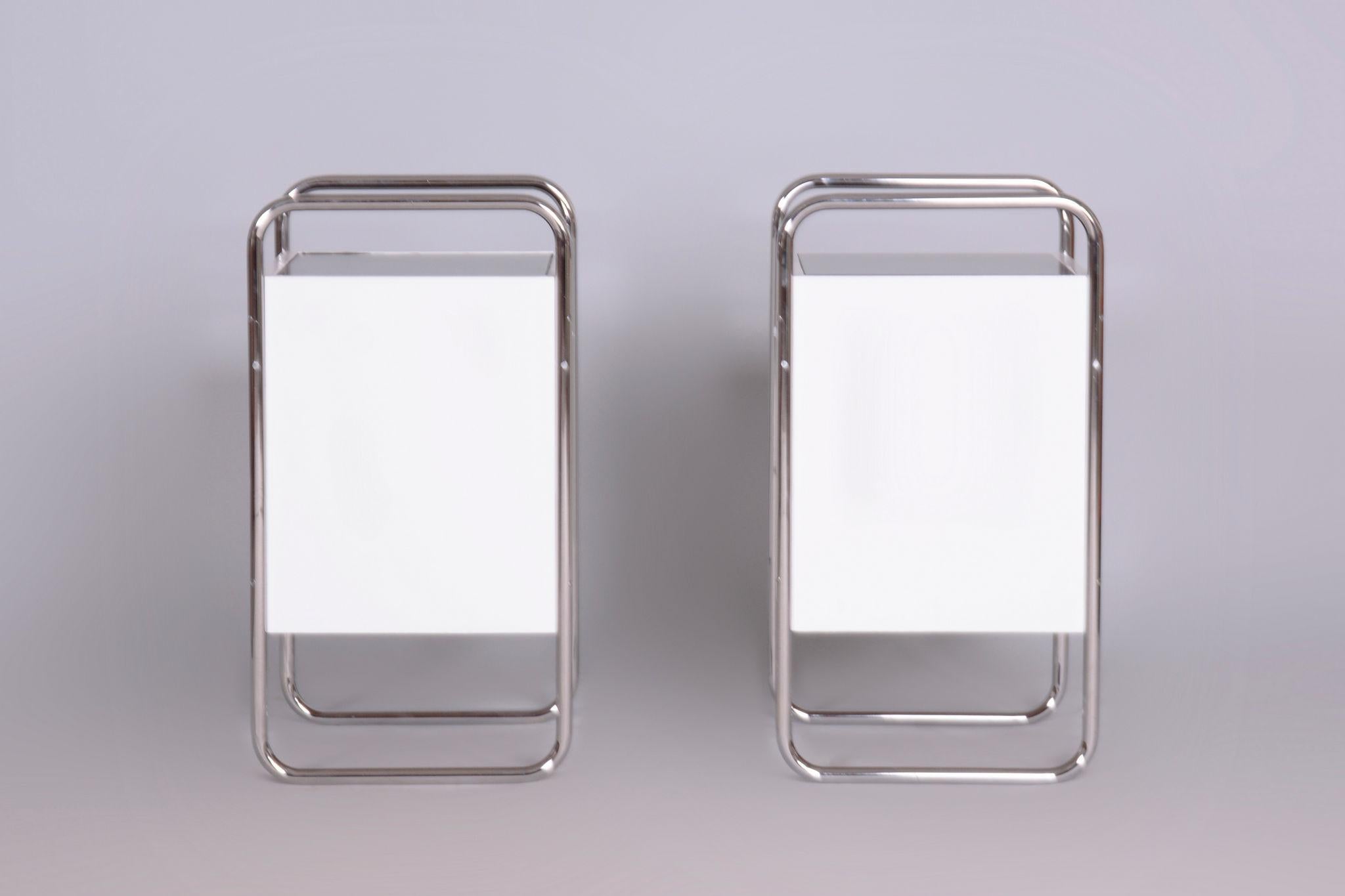 Steel Restored Bauhaus Pair of Bedside Tables, Vichr a spol, Chrome, Czechia, 1930s For Sale