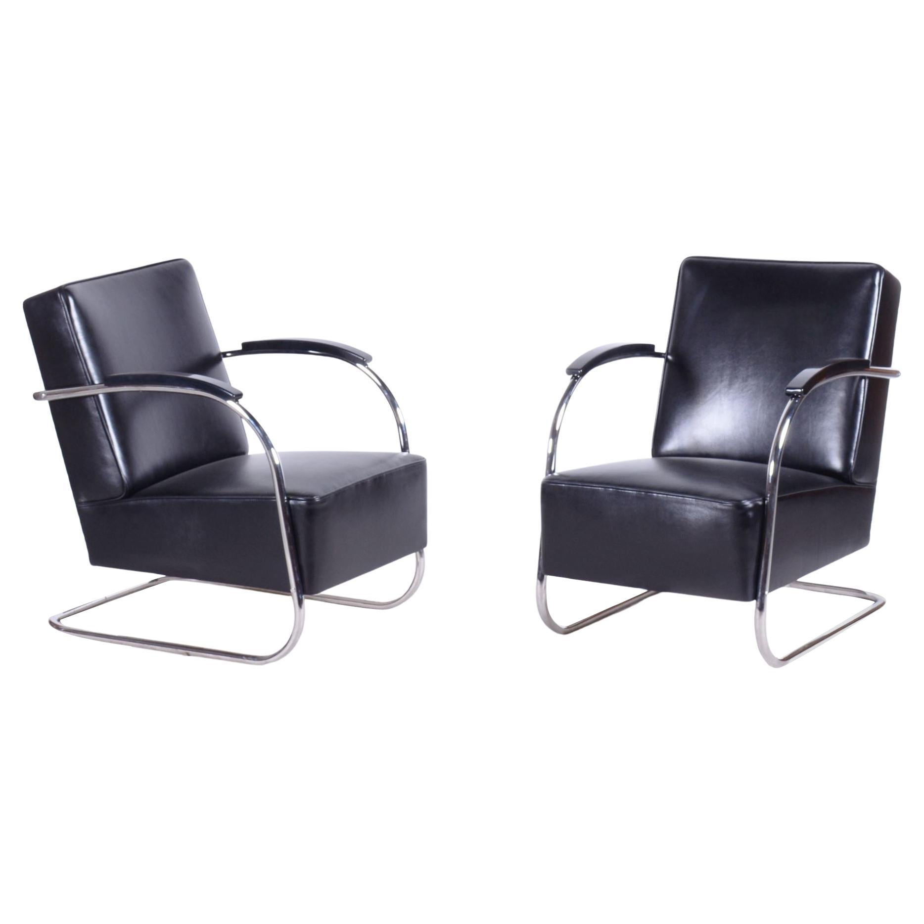 Restored Bauhaus Pair of Black Armchairs, Mücke - Melder, Czechia, 1930s