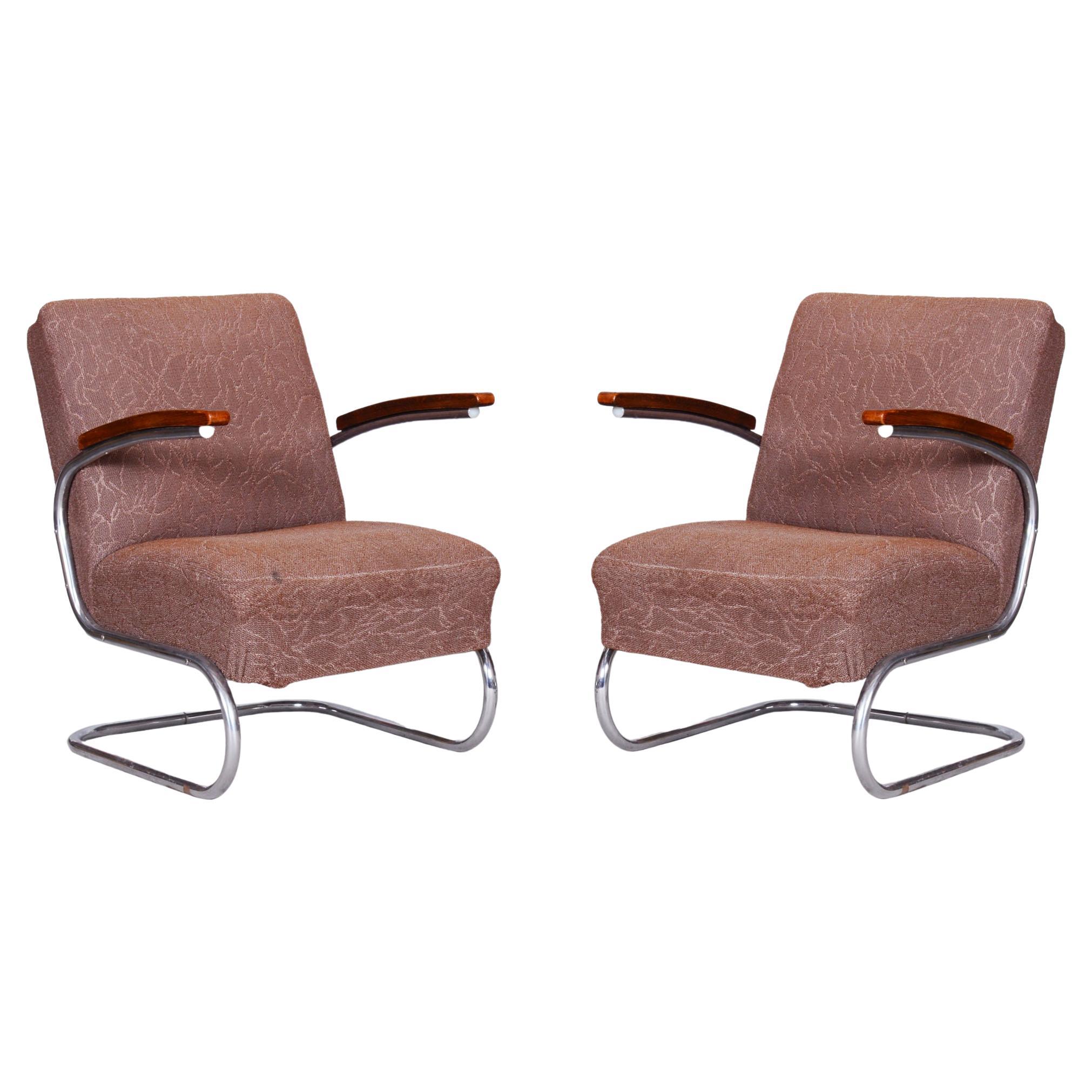 Restored Bauhaus Pair of Brown Armchairs, Mücke - Melder, Czechia, 1930s For Sale