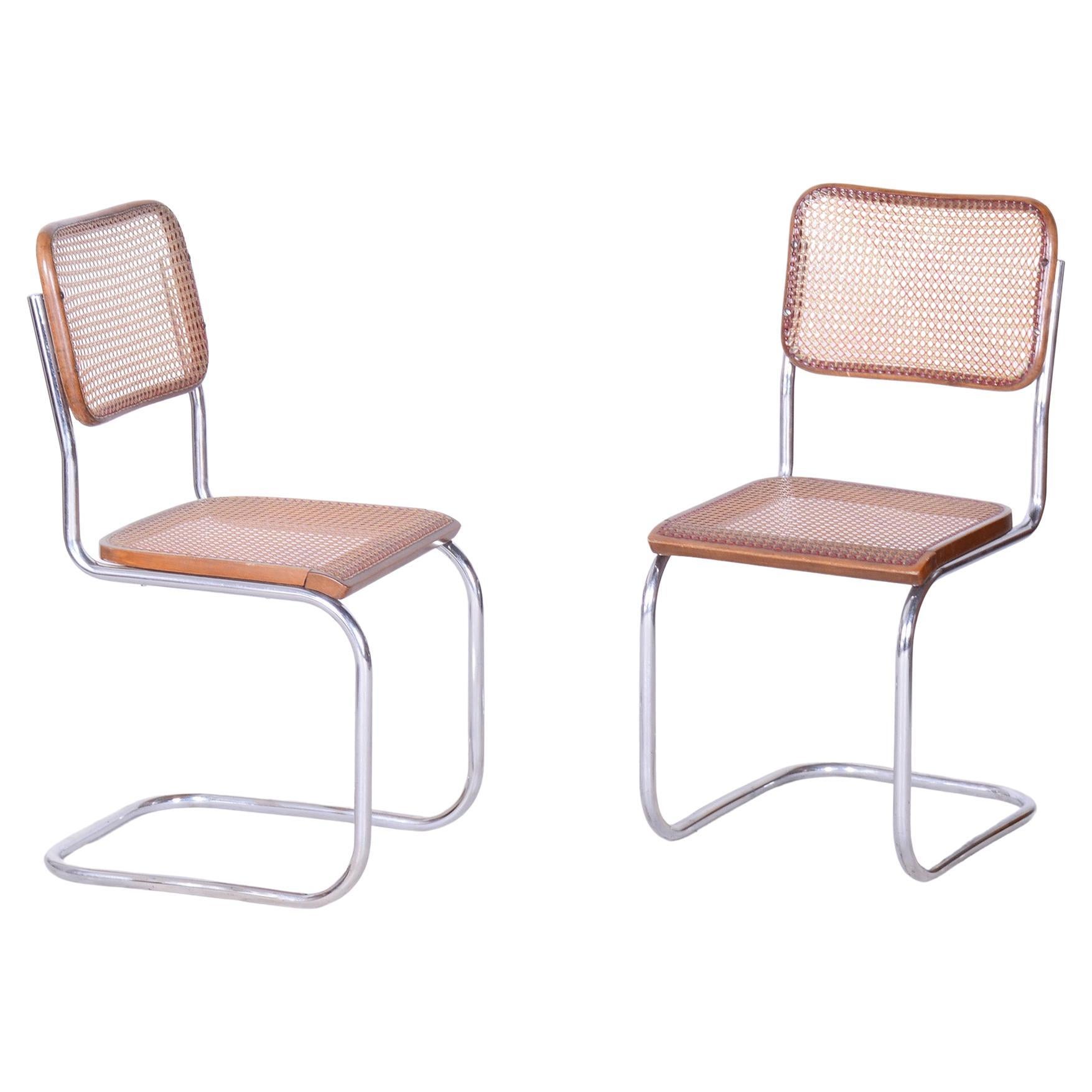Restored Bauhaus Pair of Chairs, Robert Slezak, Chrome, Beech, Czechia, 1930s