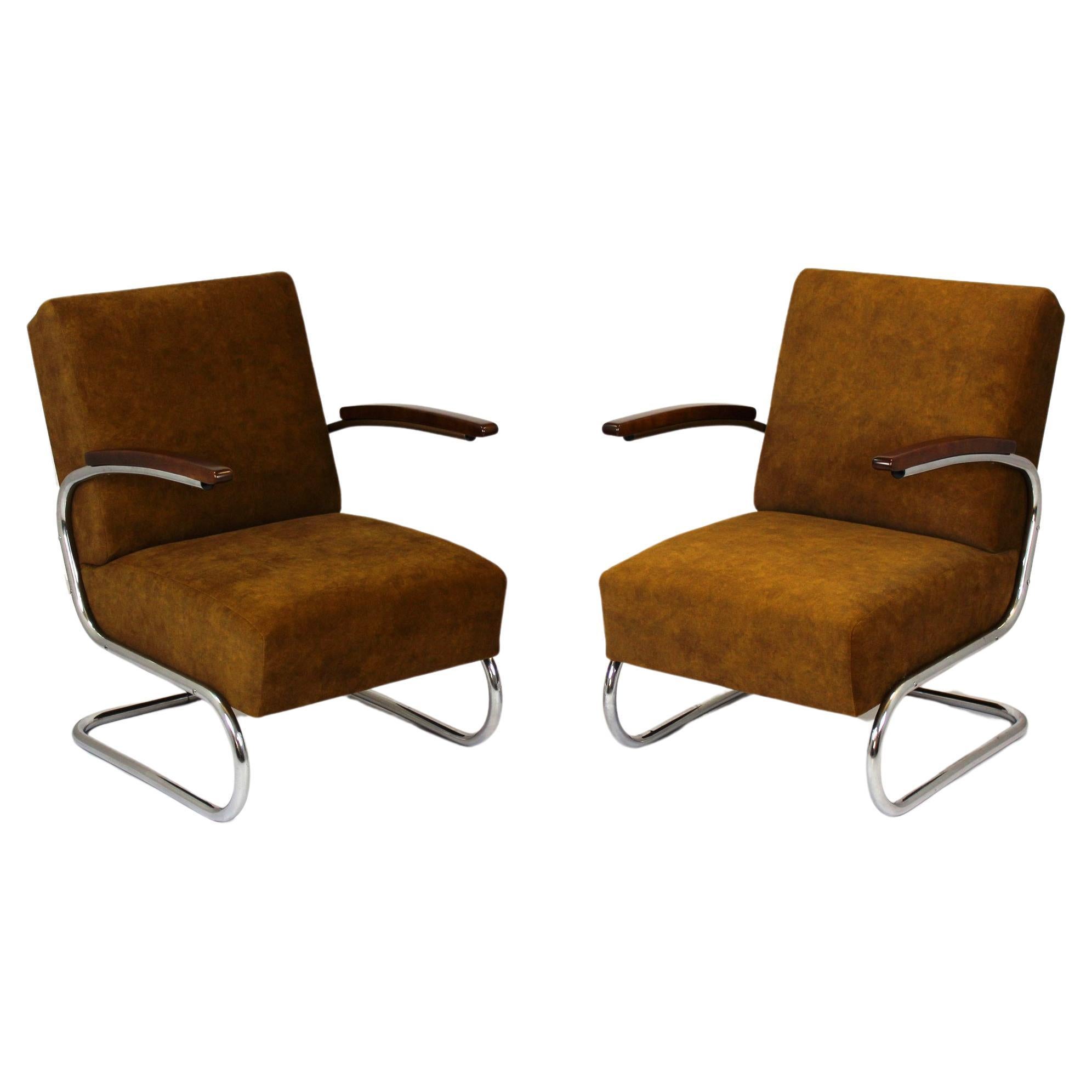 Restored Bauhaus S411 Armchairs by W. H. Gispen for Mücke Melder 1940s, Set of 2 For Sale