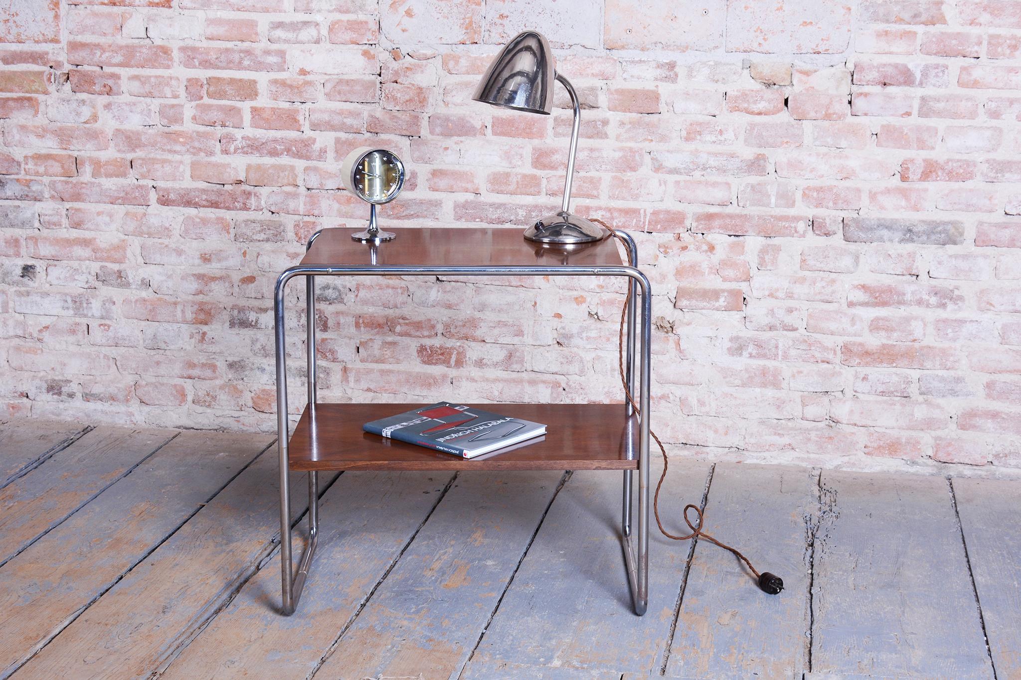 Steel Restored Bauhaus Side Table, by Hynek Gottwald, Walnut, Chrome, Czech, 1920s For Sale