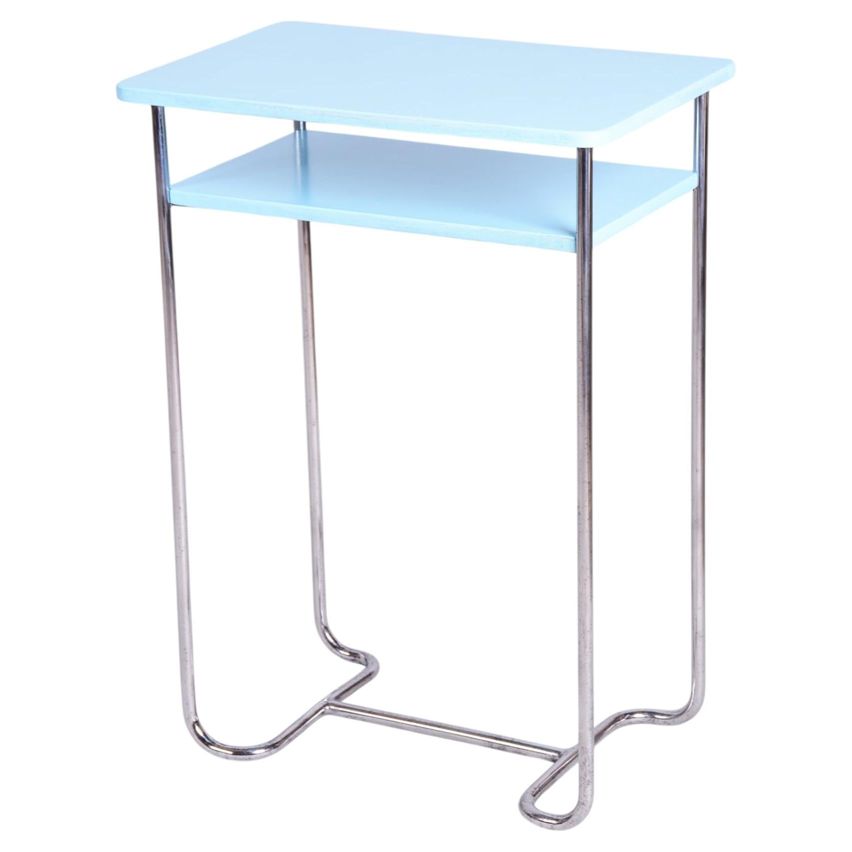 Restored Bauhaus Side Table, by Mücke-Melder, Wood, Chrome, Czech, 1930s