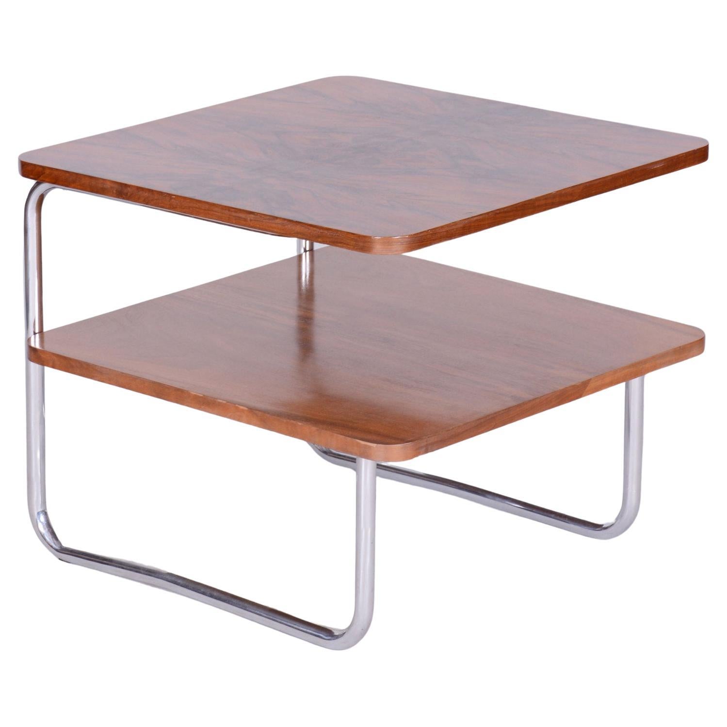 Tavolino Bauhaus restaurato, noce caucasico, acciaio cromato, ceco, anni '30
